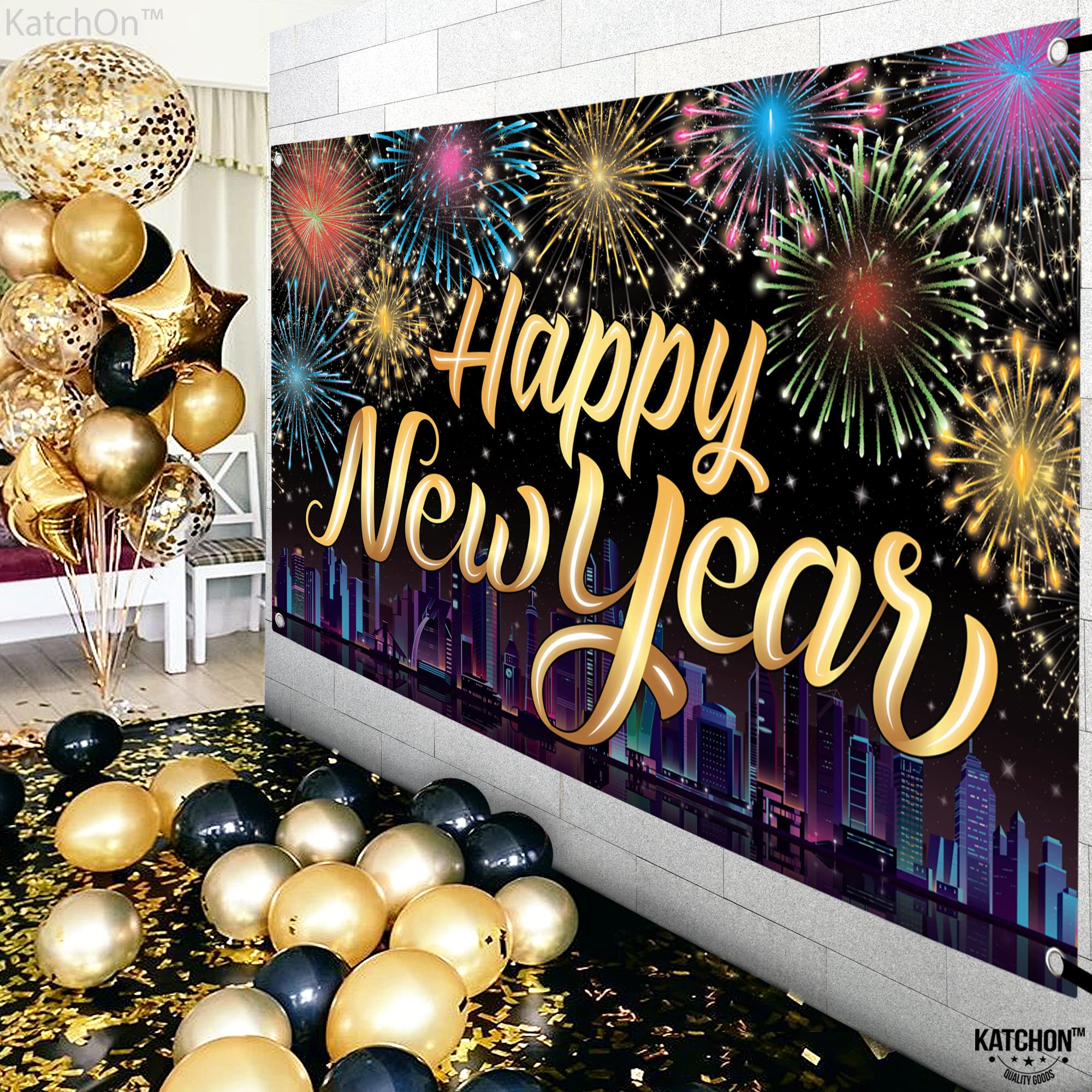 KatchOn Extra Large Happy New Year Banner - 72x44 Inch NYE Decorations 2025 | Firework New Year Backdrop for Party Supplies | Perfect for New Year's Eve Celebrations, Home Decor, and Photo Booths