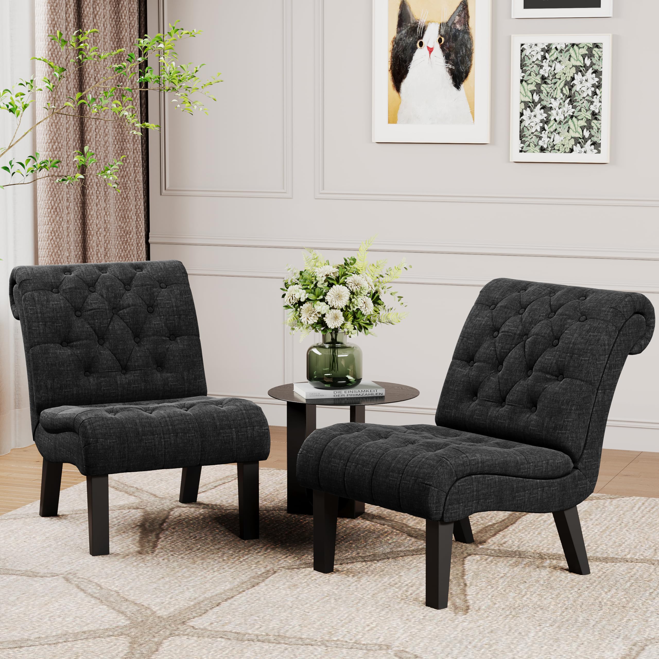 Modern Accent Chair for Living Room & Bedroom - Upholstered Tufted Armless Lounge Chair with Wooden Legs, Grey Fabric Recliner - Perfect for Reading Nook, Home Office, and Small Space Decor