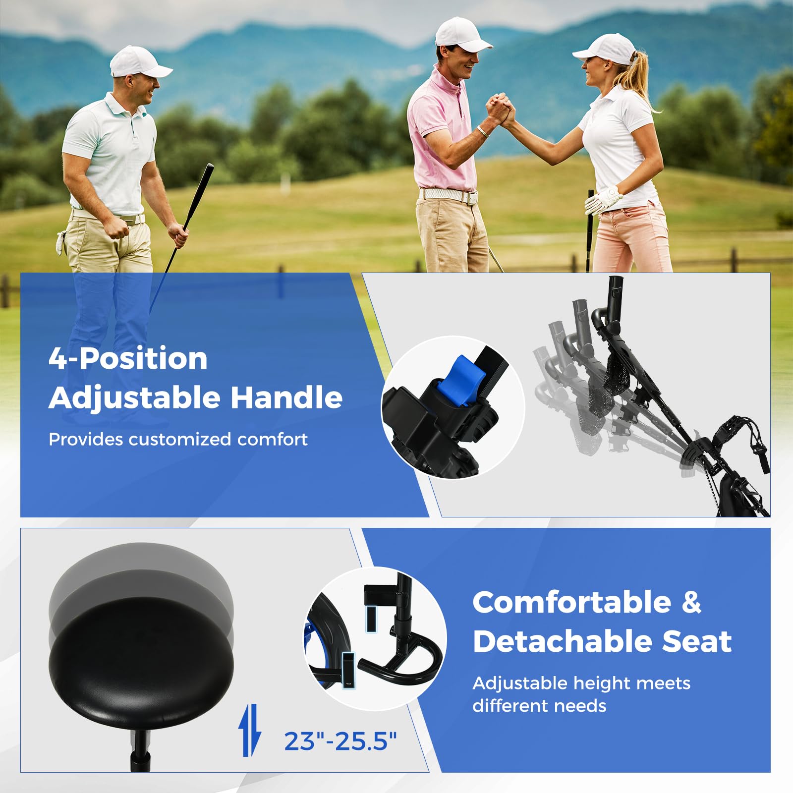 ULTIMATE 3 Wheel Golf Push Pull Cart - Foldable Lightweight Golf Bag Trolley with Adjustable Seat, Handle & Foot Brake | Includes Scorecard Holder, Umbrella Holder, Cup Holder & Storage Bag | Perfect for Golf Courses, Driving Ranges & Outdoor Practice