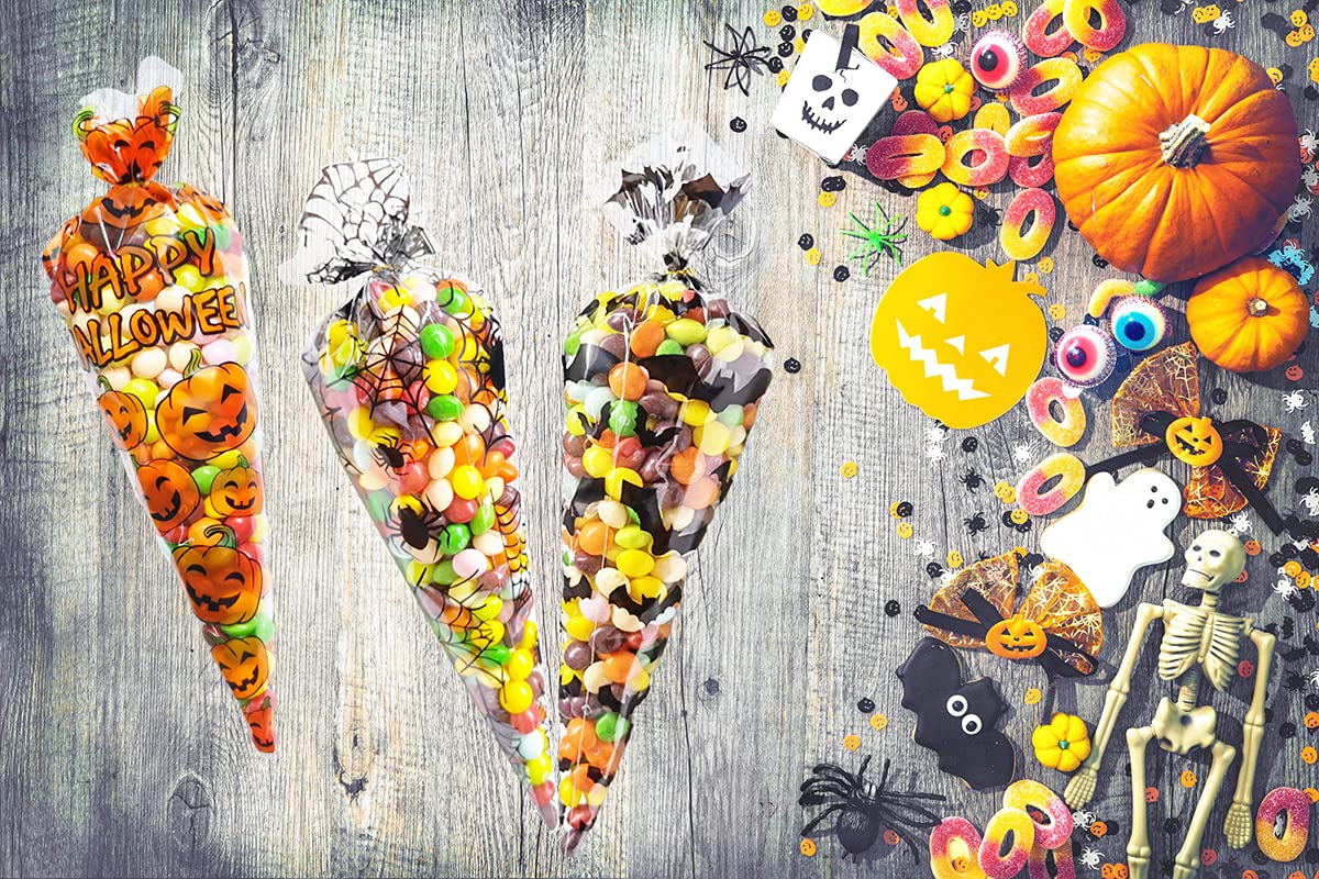 Halloween Candy Cone Bags 150Pc - Bat, Spider Web & Pumpkin Themed Cellophane Treat Bags with Twist Ties | Perfect for Trick-or-Treating, Party Favors & Classroom Treats