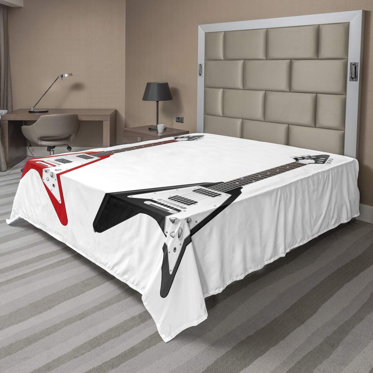 Ambesonne Guitar Print King Size Flat Sheet – Soft, Comfortable Musical Instrument Design with V-Shaped Rock & Roll Strings – Decorative Bedding for Music Lovers & Bedroom Decor (1 Piece, Multicolor) – Perfect for Rock-Themed Rooms, Music Studio Decor & Gift for Musicians