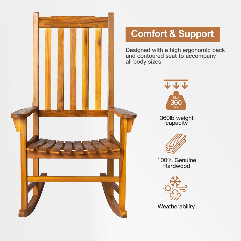 Premium Acacia Wood Rocking Chair with Cushion - Outdoor & Indoor Patio Rocker for Porch, Garden, Balcony, Backyard, Living Room - Perfect for Relaxing, Reading & Enjoying Nature