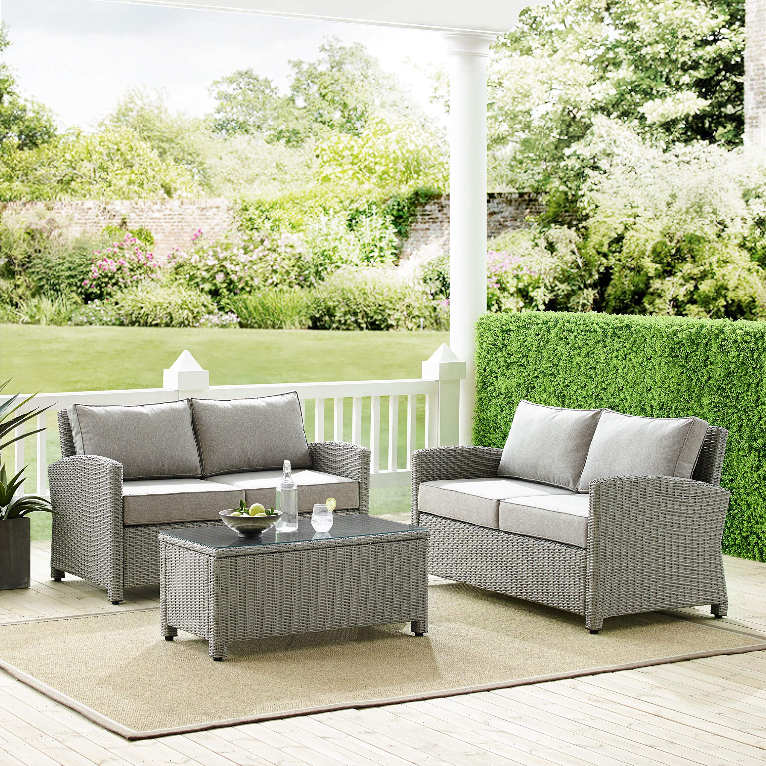 Crosley Bradenton 3-Piece Outdoor Wicker Loveseat Set with Gray Cushions - Patio Furniture Conversation Set for Porch, Garden & Backyard Relaxation