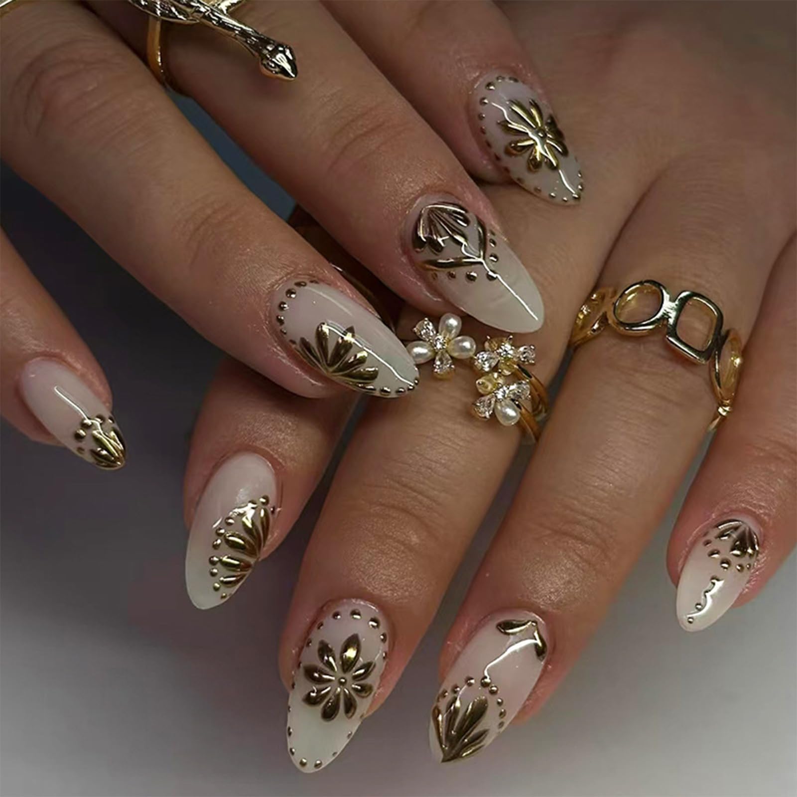 30Pcs Short Medium Almond Fake Nails - Gold Chrome Plating Floral Acrylic Press on Nails with 3D Carving French Tips - Full Cover Glossy Stick on Nails for Women & Girls - Perfect for Parties, Weddings, Date Nights and Special Occasions