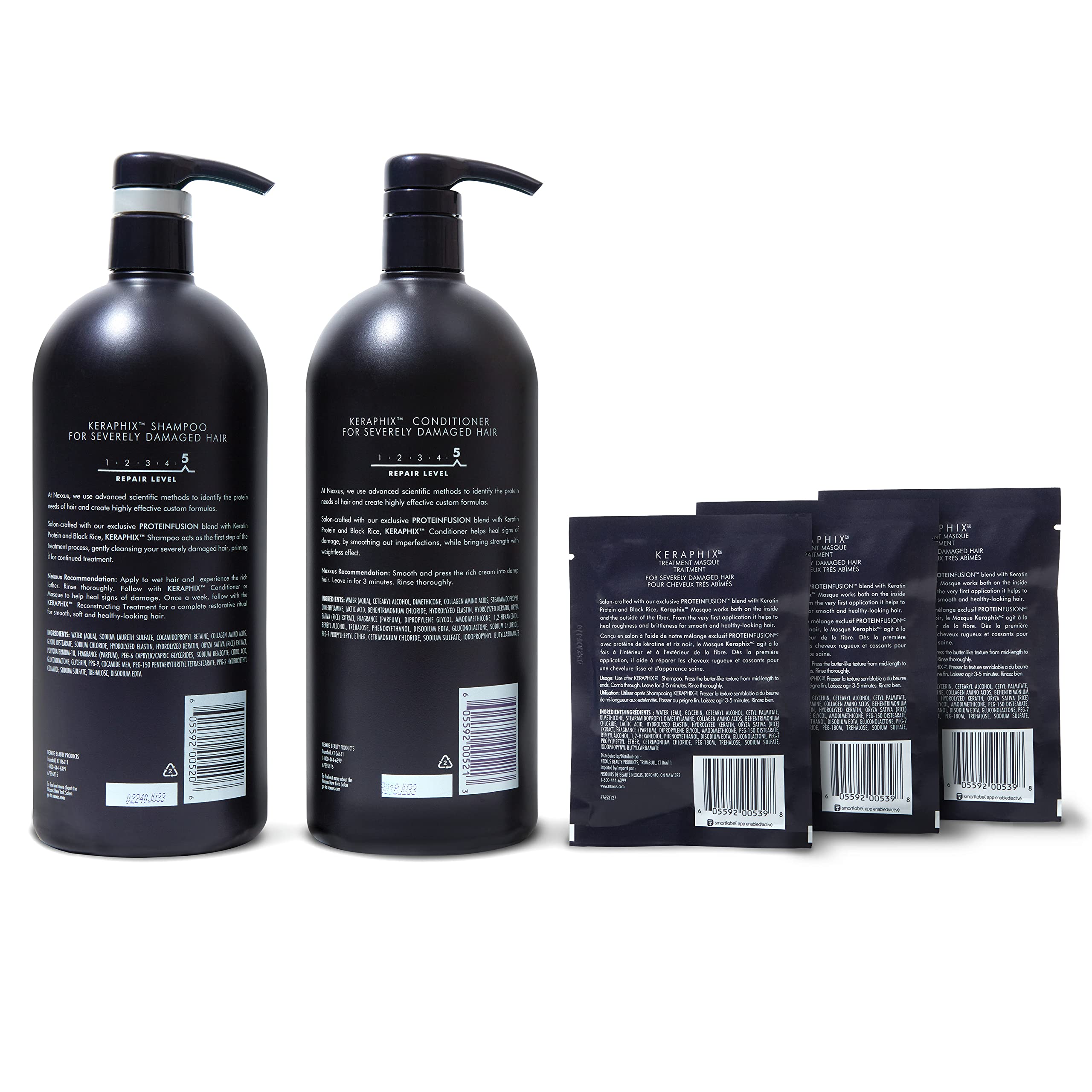 Nexxus Keraphix Shampoo & Conditioner Set - Keratin Protein & Black Rice Repair System for Damaged Hair - Includes 2 Shampoos, 3 Hair Masks (33.8 oz + 1.5 oz) - Deep Conditioning Treatment for Dry, Brittle Hair - Perfect for Salon-Quality Hair Care at Home
