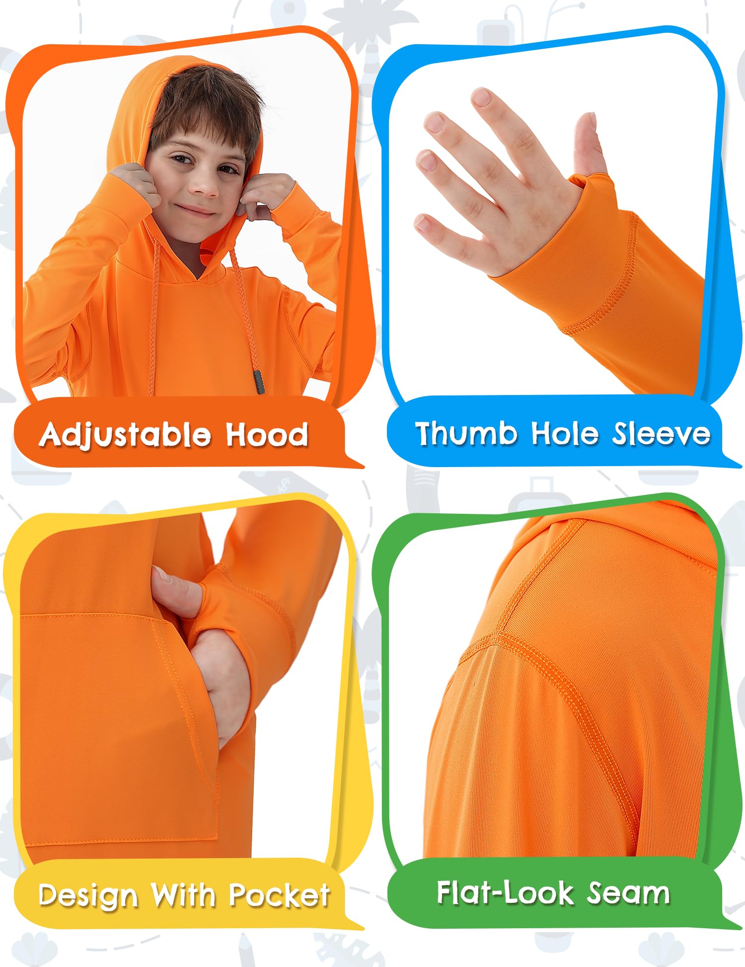 Boys UPF 50+ Sun Protection Long Sleeve Rash Guard Swim Shirt with Pocket - Kids Hooded UV Shirt for Swimming, Fishing, Beach & Water Sports