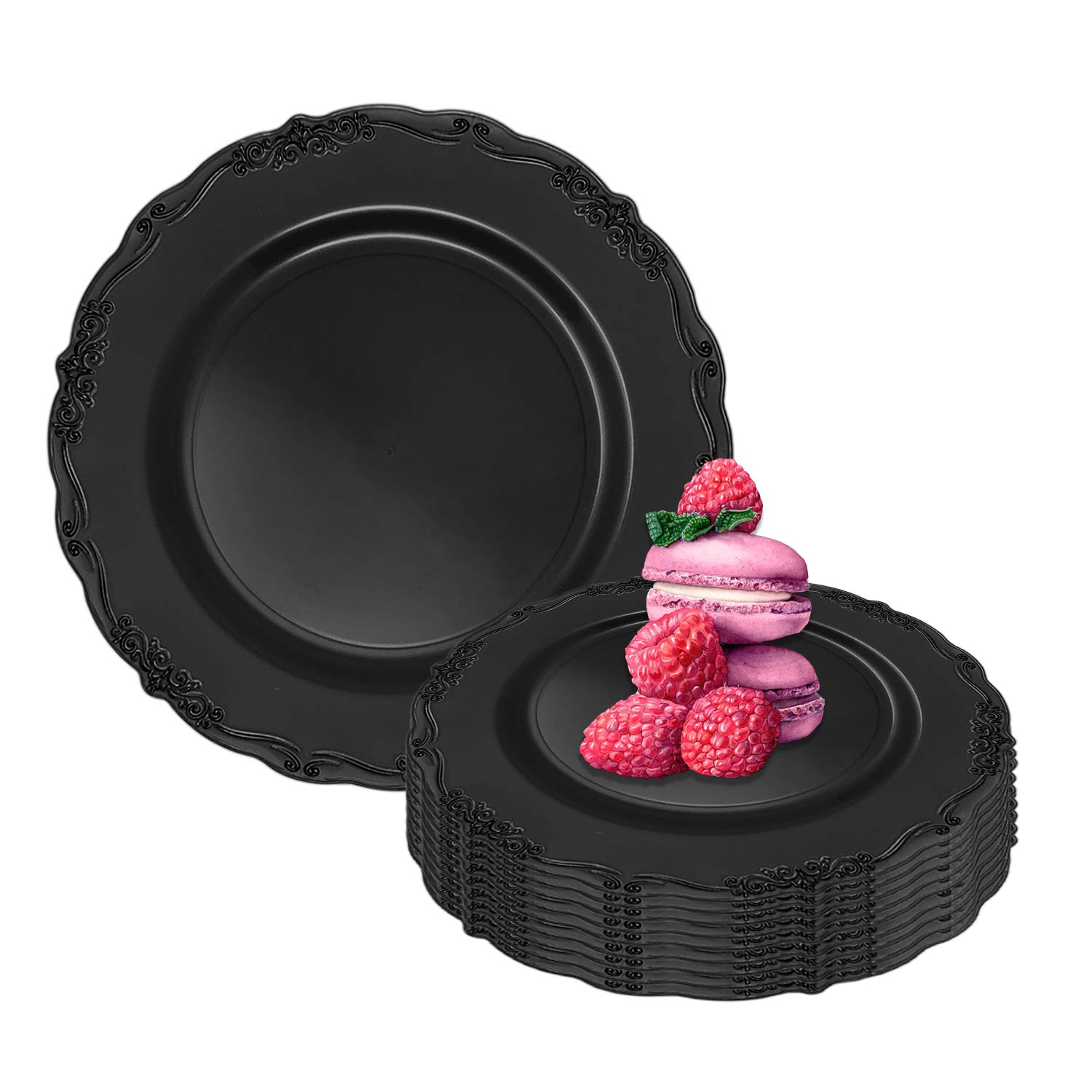 Elegant Disposable Plastic Dessert Plates 120 Pcs - 7.5 Inch Heavy Duty Black Vintage Appetizer Plates for Wedding, Birthday Party & Catering - Perfect for Salad, Cake Serving & All Special Occasions
