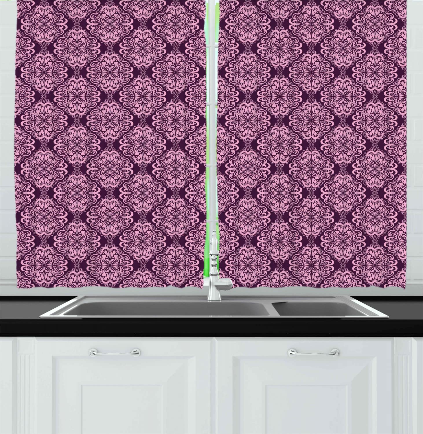 Ambesonne Purple Long Kitchen Curtains - Victorian Floral Damask Pattern with Rod Pocket, 55