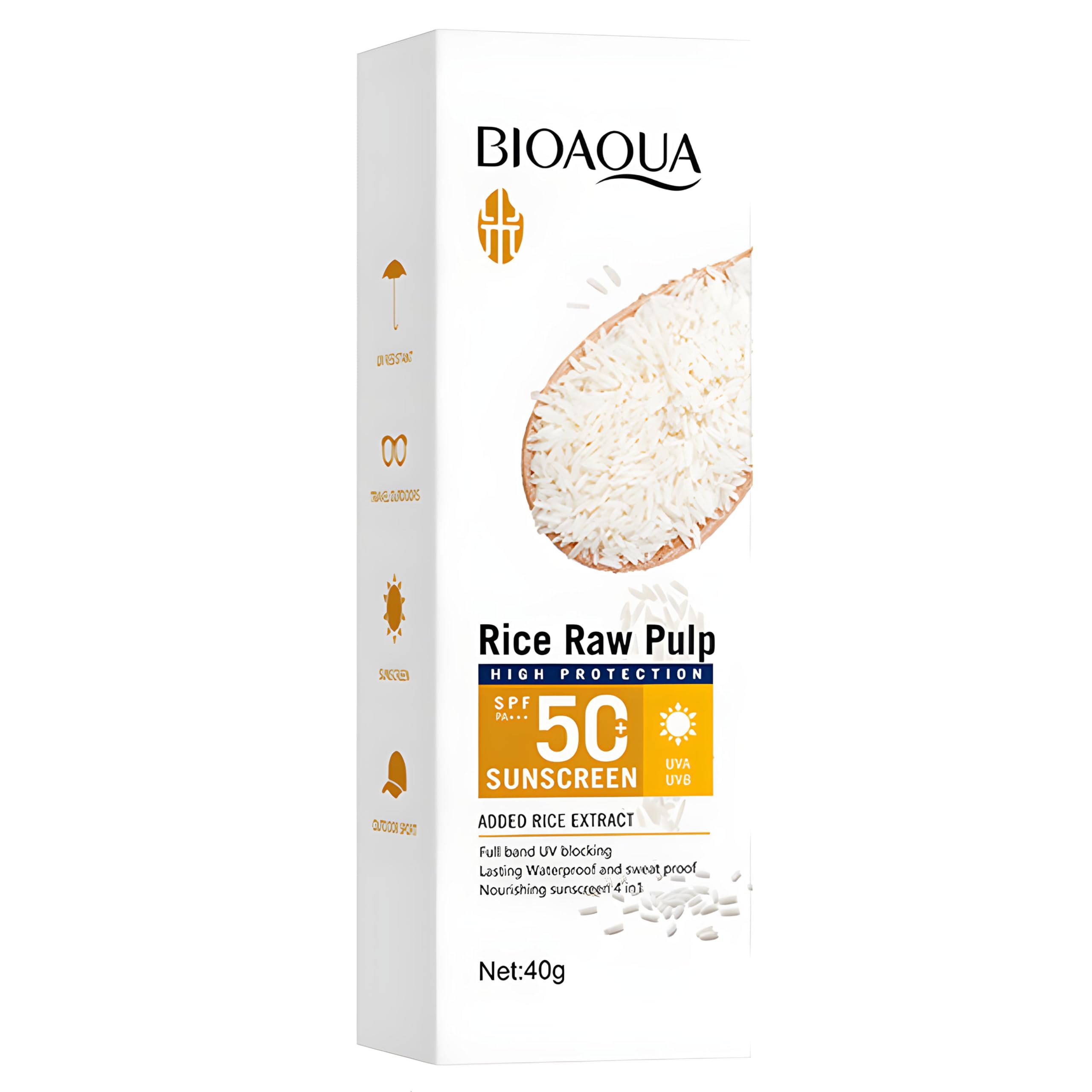 BIOAQUA Rice Raw Pulp Sunscreen SPF 50+ PA+++ | UVA UVB Protection | Waterproof & Sweat Proof | Long Lasting & Nourishing 4-in-1 Formula | 40g / 1.41oz | Perfect for Beach, Swimming & Outdoor Activities