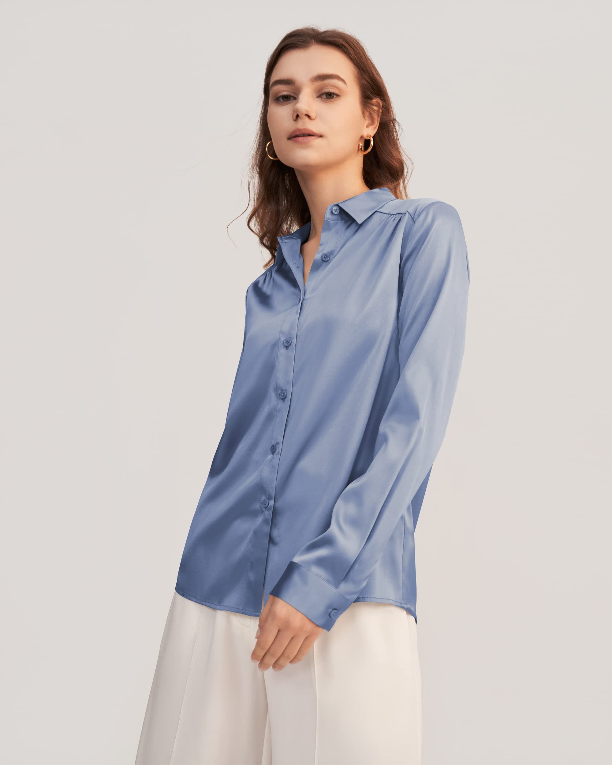 LilySilk Women's 19MM Natural Silk Charmeuse Long Sleeve Collared Blouse - Elegant Office Wear & Business Casual Tops for Professional Women