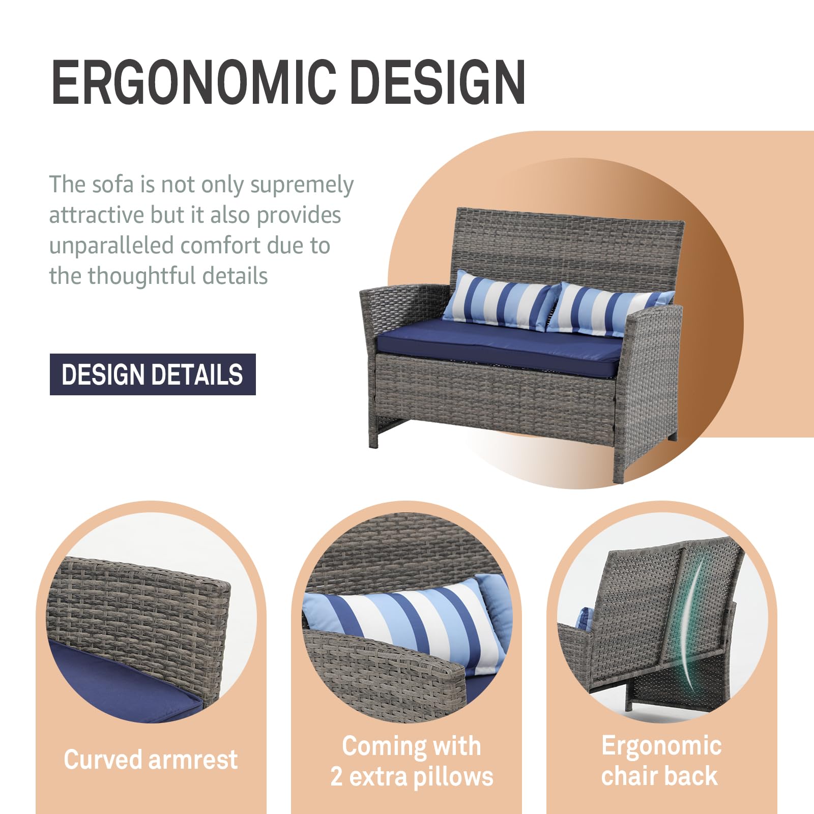 **SUNSITT Outdoor Wicker Loveseat with Cushions – 2-Seater PE Rattan Patio Sofa with Lumbar Pillows, Grey Wicker & Blue Cushions – Durable Steel Frame – Perfect for Porch, Backyard, Garden, Poolside Relaxation**