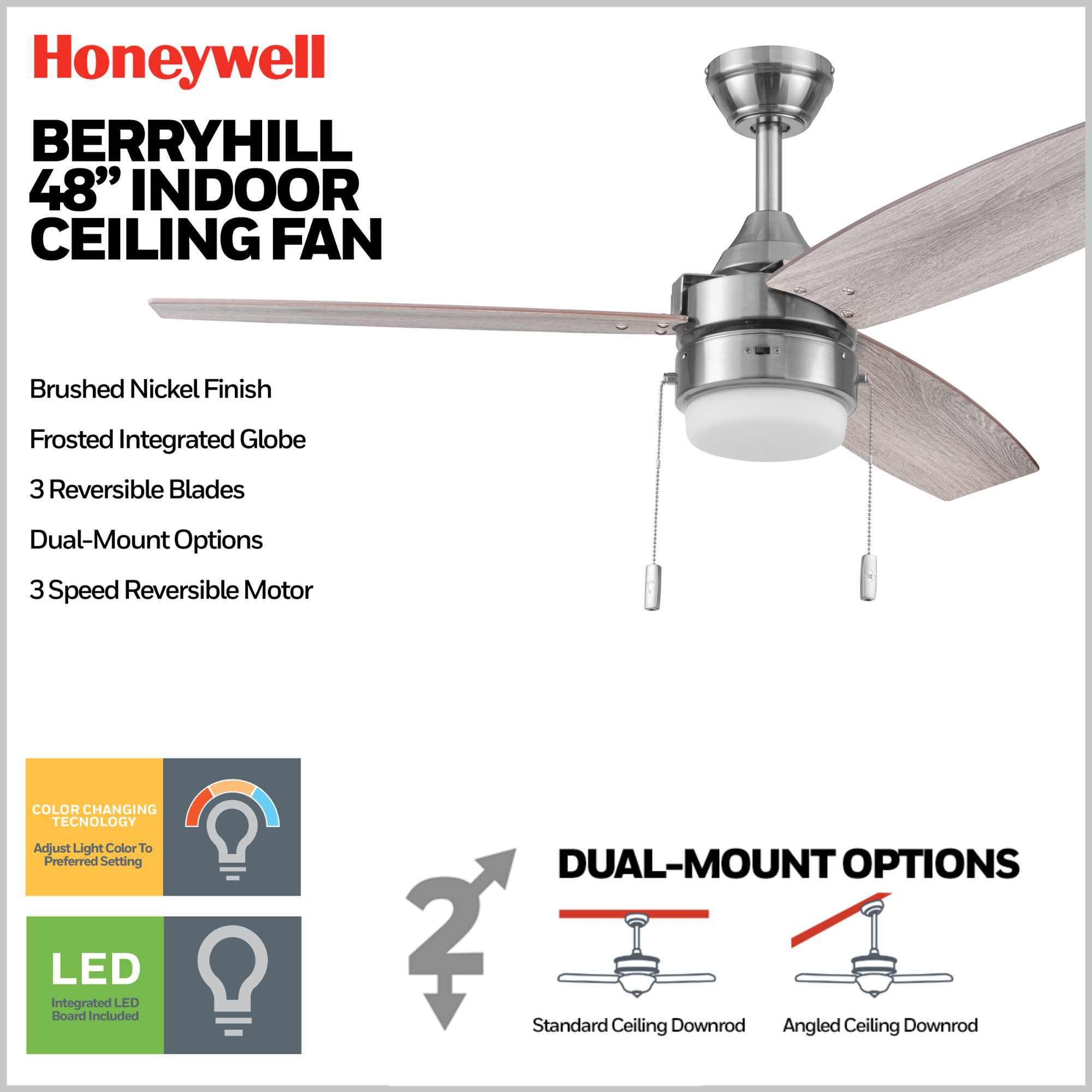 48 Inch Honeywell Berryhill Brushed Nickel Ceiling Fan with Light Kit and Pull Chain - Perfect for Living Room, Bedroom, and Outdoor Patio Cooling