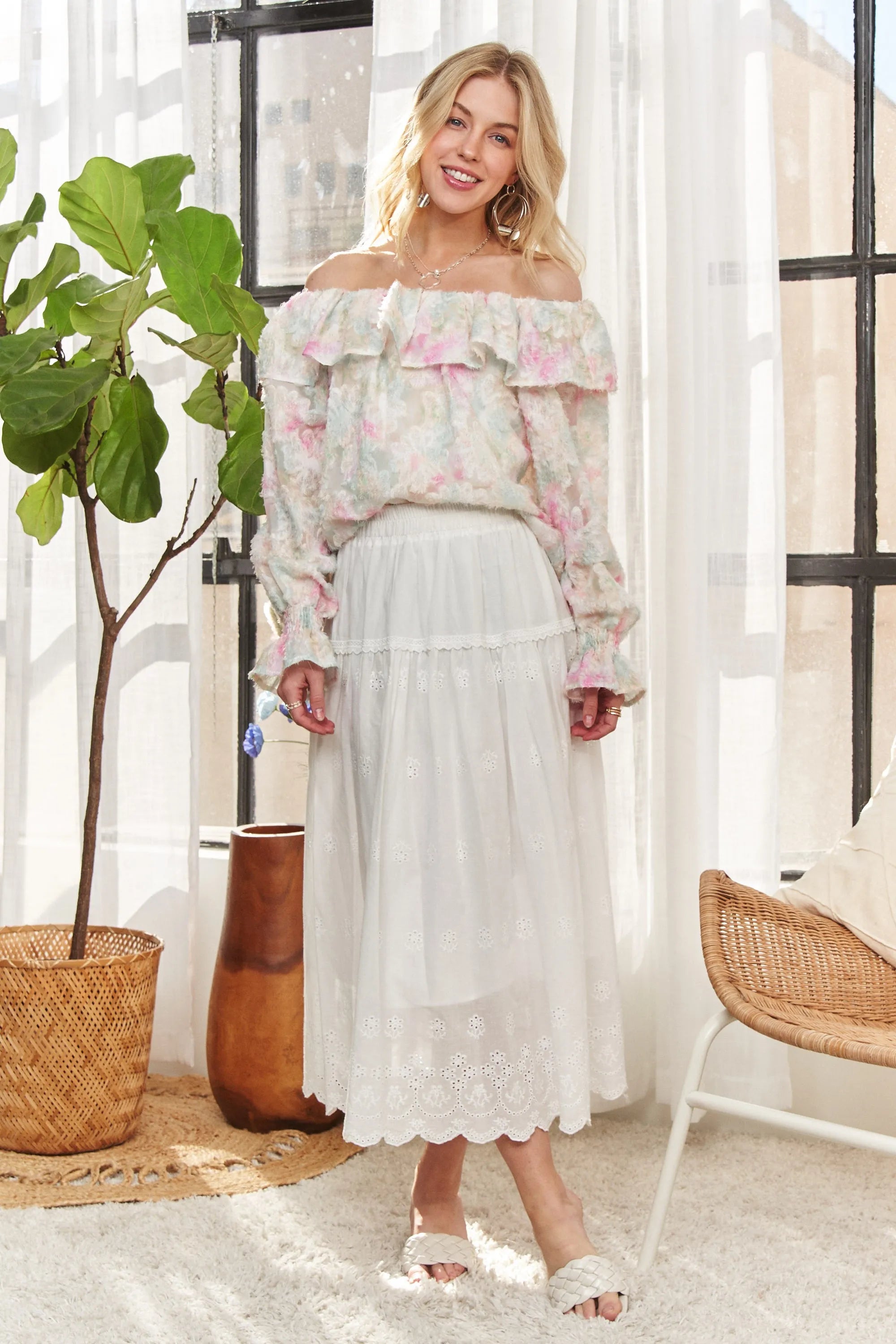 Elegant Ruffled Off Shoulder Floral Blouse for Women - Summer Boho Chic Top - Perfect for Date Night, Beach Vacation & Outdoor Parties