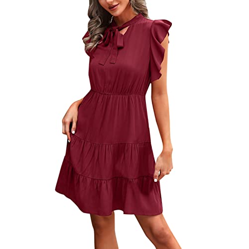 Women's Summer Maxi Dress with Pockets - Ruffled A-Line Sleeveless Party Dress in Solid Wine Red (Size L) | Perfect for Beach Vacations, Weddings & Casual Outings