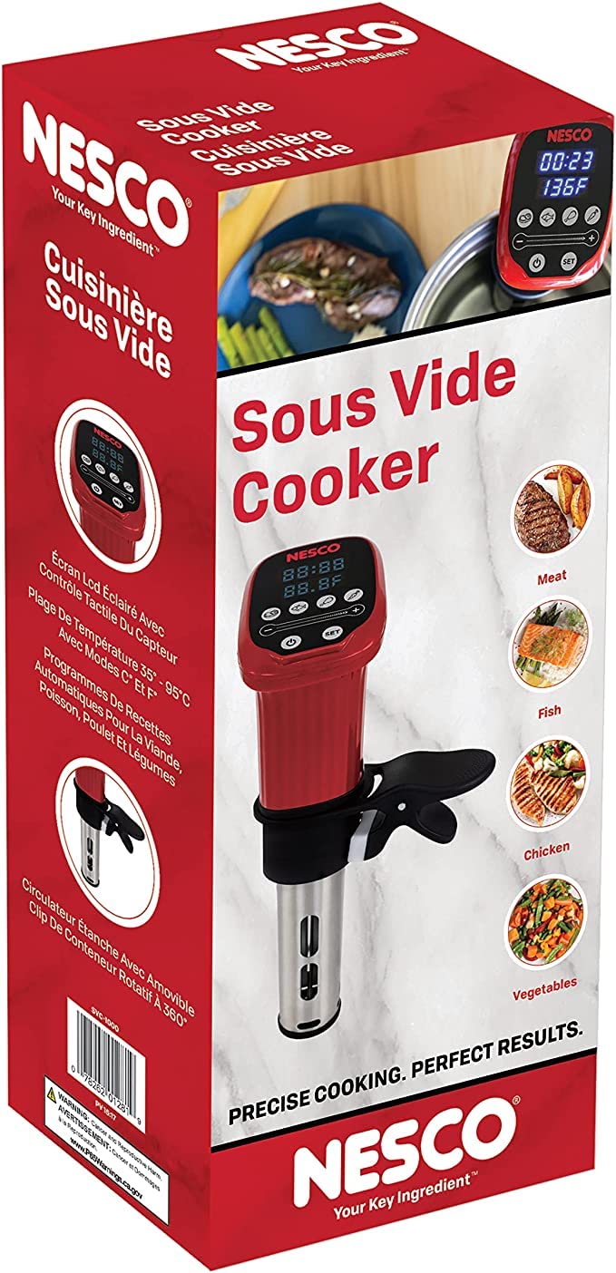Nesco SVC-1000 Sous Vide Precision Cooker - 1000W Digital Immersion Circulator with LED Display & 10 Preset Programs for Perfect Steak, Salmon, Chicken Breast & Vegetables (Red & Black) - Ideal for Home Chefs, Meal Prep & Restaurant-Style Cooking