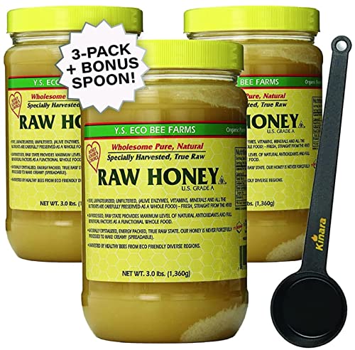 YS Eco Bee Farms Pure Raw Honey - 100% Natural, Unfiltered & Unpasteurized Kosher Honey - 3lbs Bulk 3-PACK (48 Ounces) with Kinara Honey Scoop - Perfect for Tea, Baking, Smoothies & Healthy Breakfasts