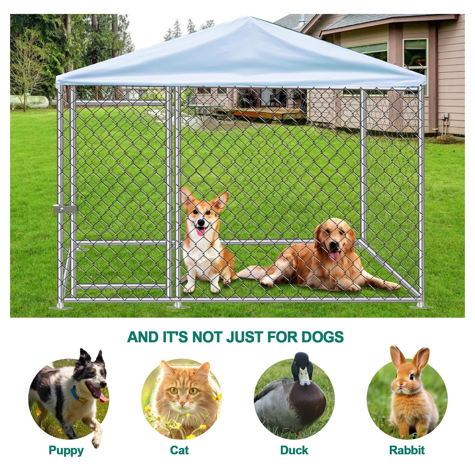 6.7 ft x 6.7 ft Heavy Duty Large Outdoor Dog Kennel - Galvanized Steel Dog Cage with Waterproof UV-Resistant Roof & Secure Lock - Durable Dog Playpen for Backyard, Garden & Patio Use