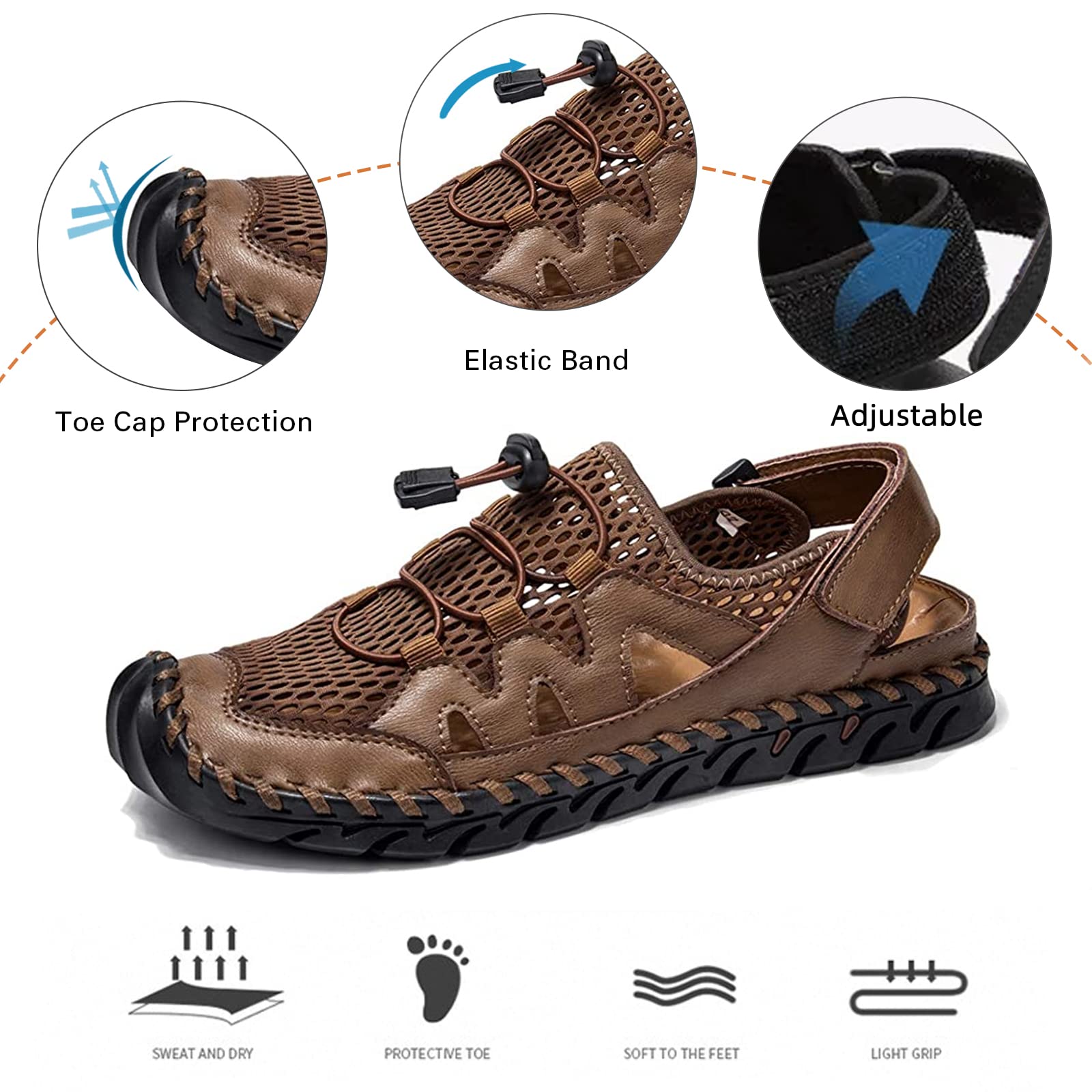 **Men's Leather Fisherman Sandals - Breathable Closed Toe Beach Shoes for Summer | Non-Slip Water Sandals for Hiking, Walking & Outdoor Activities | Handmade Comfortable Anti-Collision Athletic Slides**    *(Ideal for beach trips, hiking adventures, casual walks, and water sports – perfect for summer outdoor activities!)*
