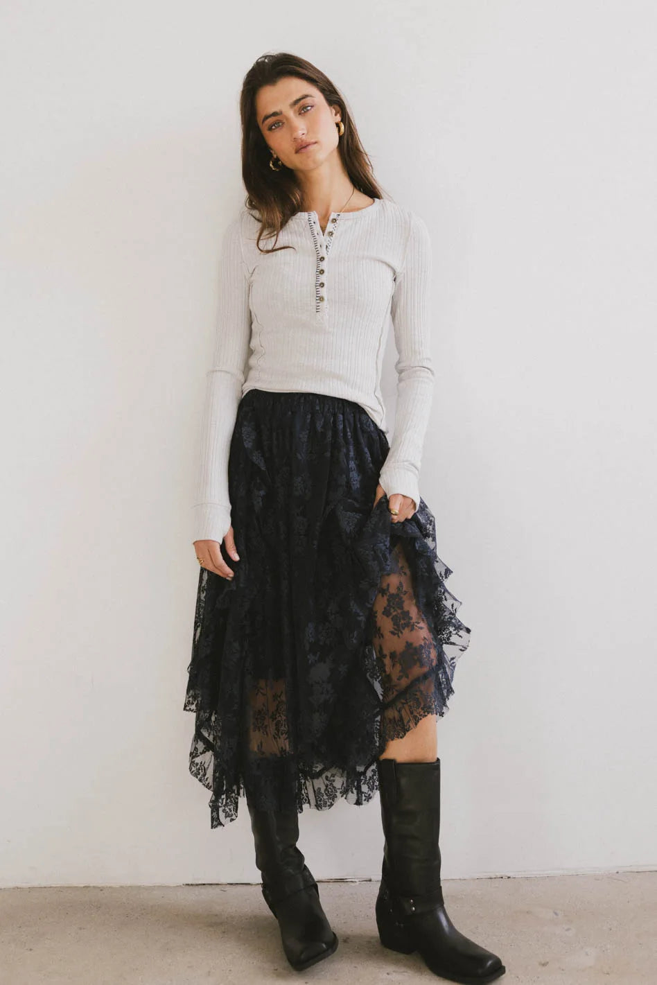 Elsie Navy Blue Lace Midi Skirt for Women | Elegant Floral Design | Perfect for Weddings, Parties & Office Wear | FINAL SALE