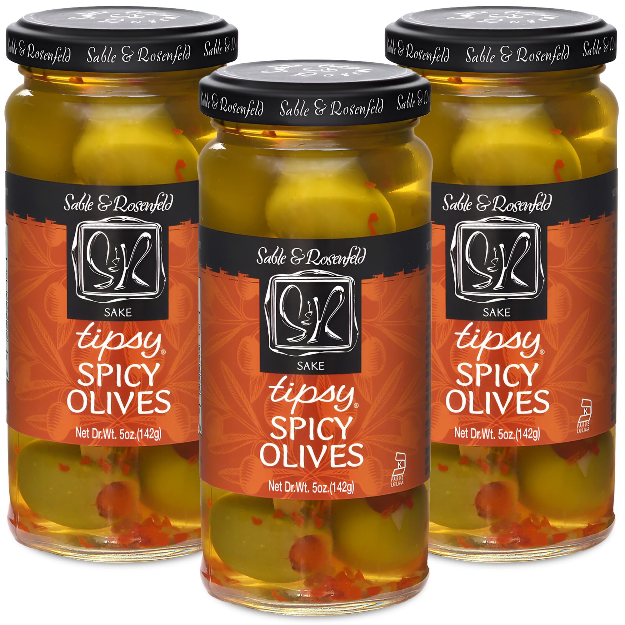 Spicy Green Olives Stuffed with Pimento in Sake - Premium Cocktail Garnish for Martinis, Bloody Marys & Charcuterie Boards - Sable & Rosenfeld Tipsy Olives - 5 Oz (Pack of 3) - Perfect for Home Bars, Parties & Gourmet Gifts