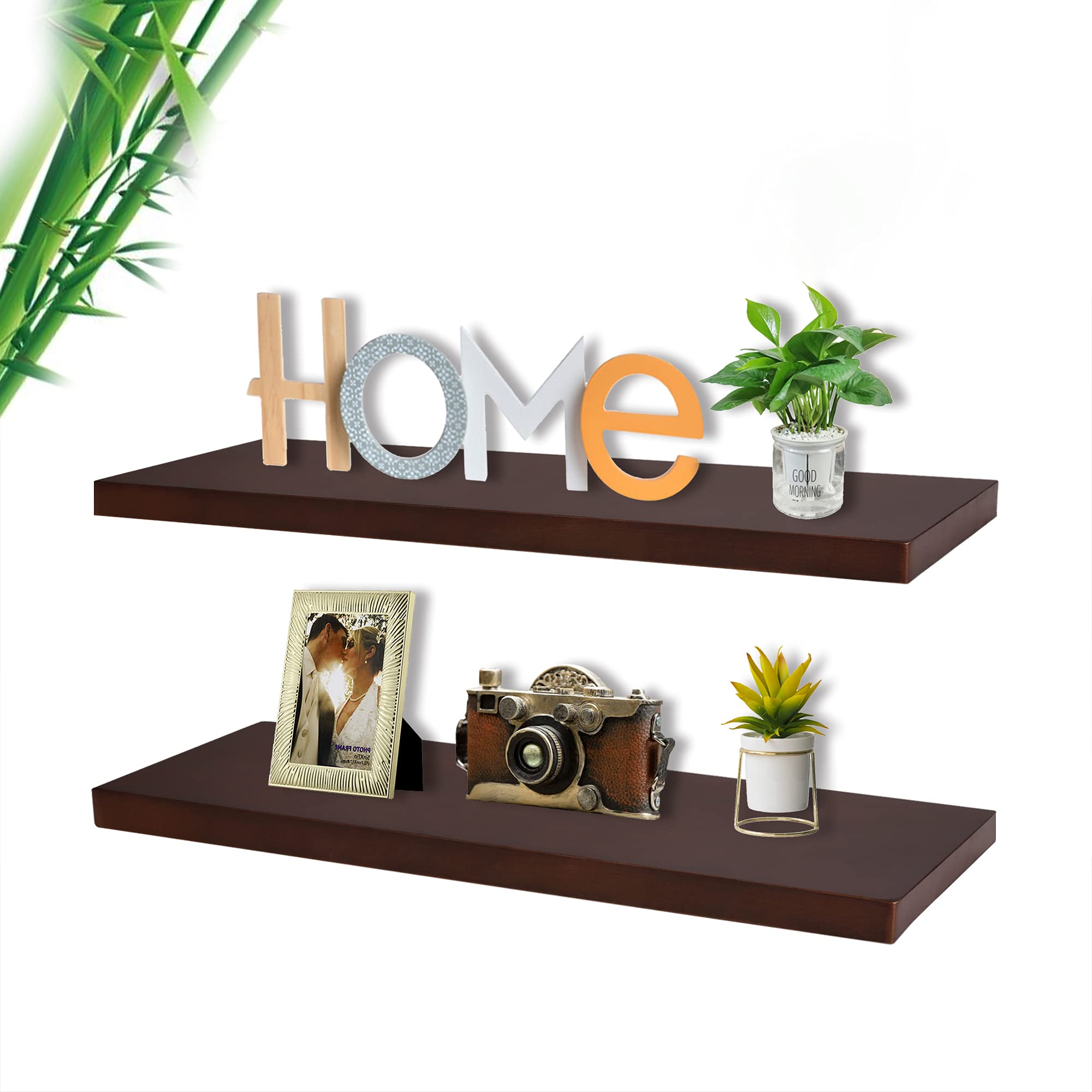 16 Inch Floating Shelves Wall Mounted - Natural Bamboo Small Rustic Wood Shelves for Bathroom, Bedroom, Kitchen, Office & Farmhouse Decor - Walnut Color Storage Hanging Bookshelves | Perfect for Organizing Books, Plants & Decorative Items