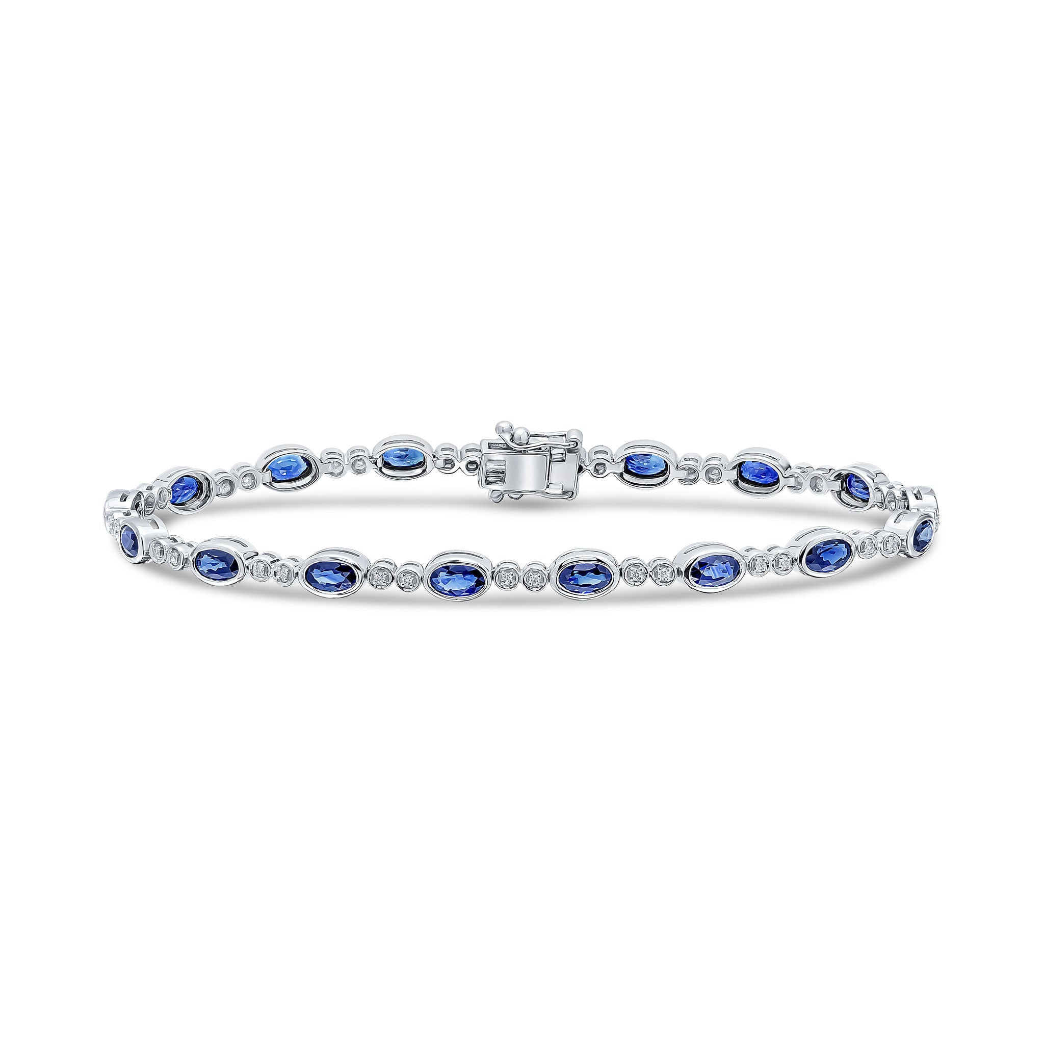 18ct White Gold Oval Sapphire & Round Diamond Bracelet for Women - Elegant Jewelry Gift for Anniversary, Wedding & Special Occasions