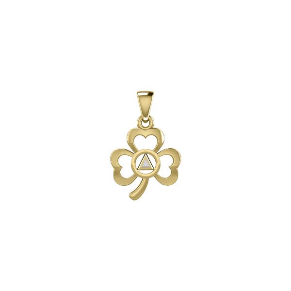 Celtic Shamrock 14K Yellow Gold Pendant with Inlaid Recovery Symbol - Irish Jewelry for Women, St. Patrick's Day Gift, Recovery & Sobriety Necklace