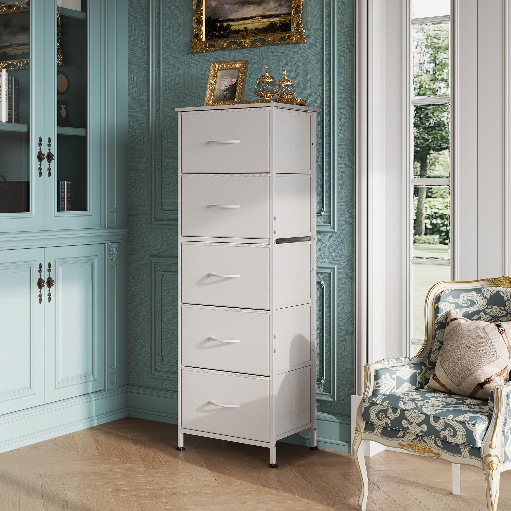 WLIVE 5-Drawer Fabric Dresser with Wood Top & Steel Frame - Tall Bedroom Storage Organizer with Fabric Bins - Perfect for Closet, Hallway, or Nursery Organization - White
