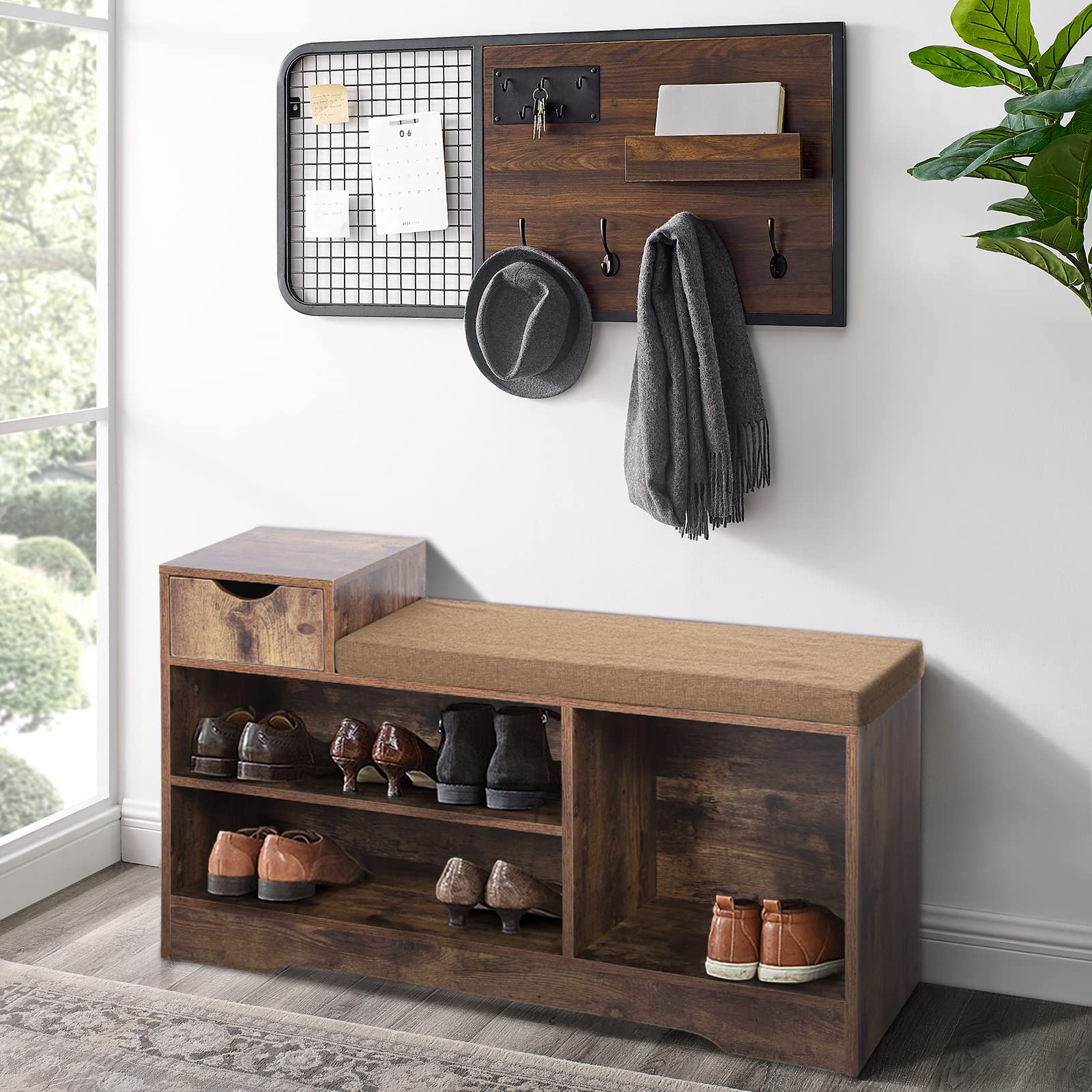 PHI VILLA Rustic Brown Shoe Storage Bench with Cushion - Entryway Shoe Organizer Cabinet for Living Room, Hallway & Mudroom - Perfect for Small Spaces & Home Organization