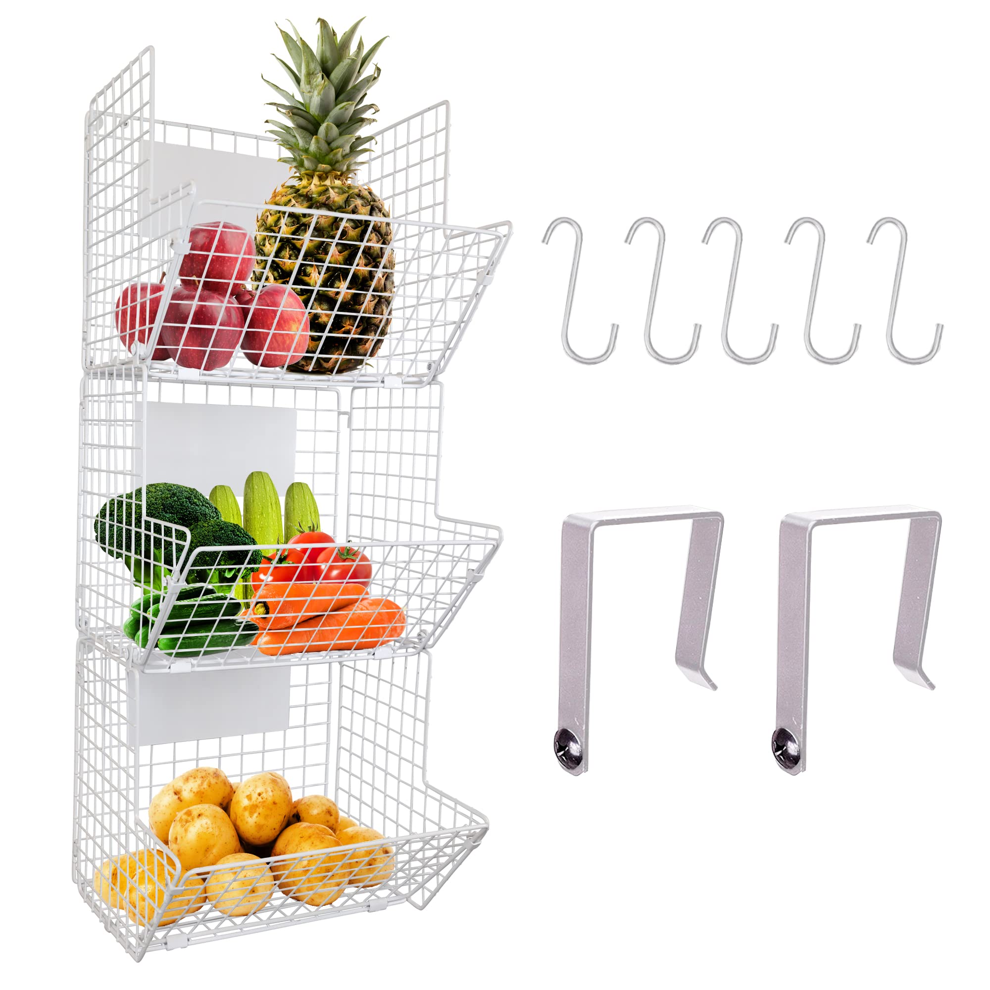 3-Tier Heavy Duty Wire Hanging Basket Organizer - Adjustable Chalkboard & S-Hooks Wall Storage - Minimalist White Kitchen Fruit Basket for Pantry, Bathroom, or Bedroom Organization