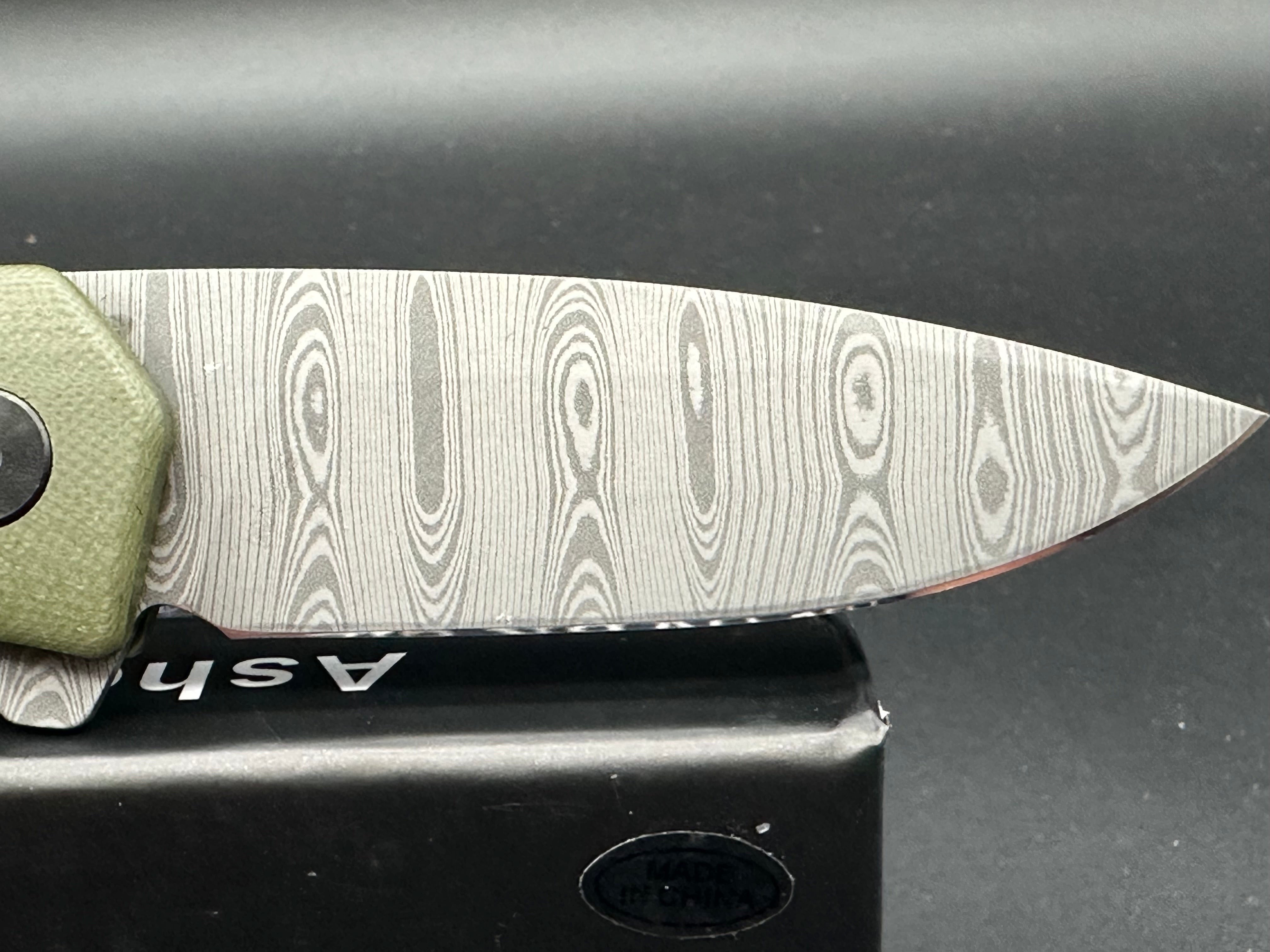Asher Knives The Spiro Flipper Folding Pocket Knife - OD Green G10 Handle, S35VN Steel Blade, Laser Ladder Damascus Pattern - EDC, Outdoor, Camping, Survival Gear