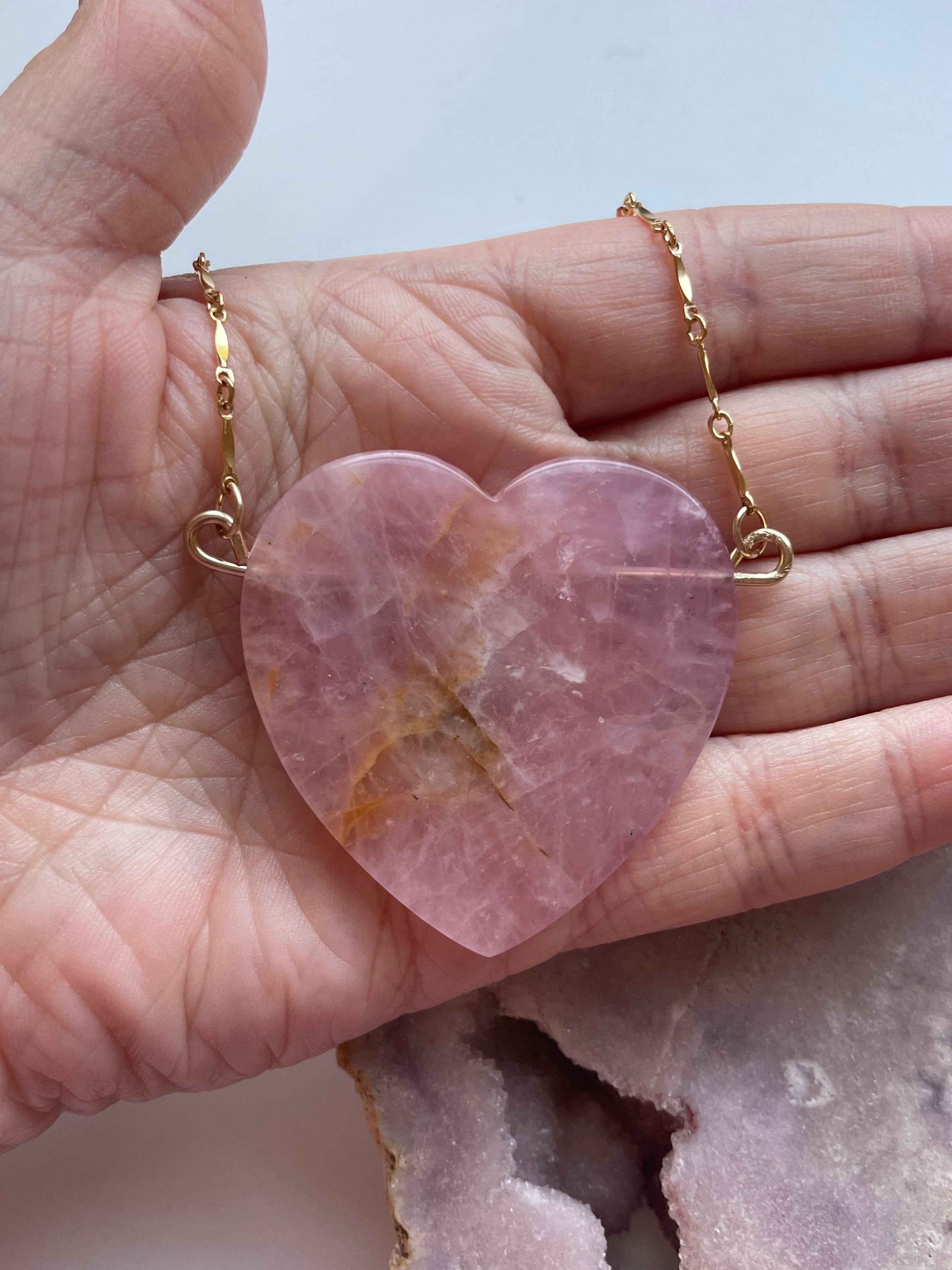 Large Rose Quartz Heart Necklace in 14K Gold Fill - Elegant Healing Crystal Jewelry for Women, Perfect for Valentine's Day Gifts, Meditation & Energy Healing