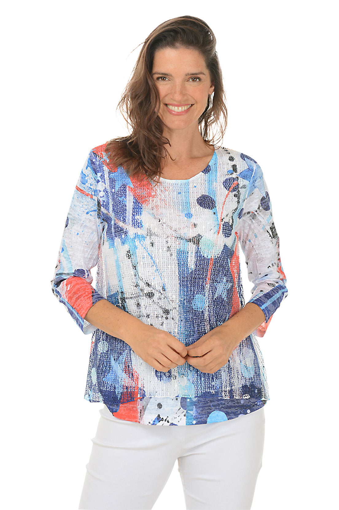 Americana Mesh Overlay Knit Top - Women's Fashion Tops for Casual Wear, Layering & Summer Outfits