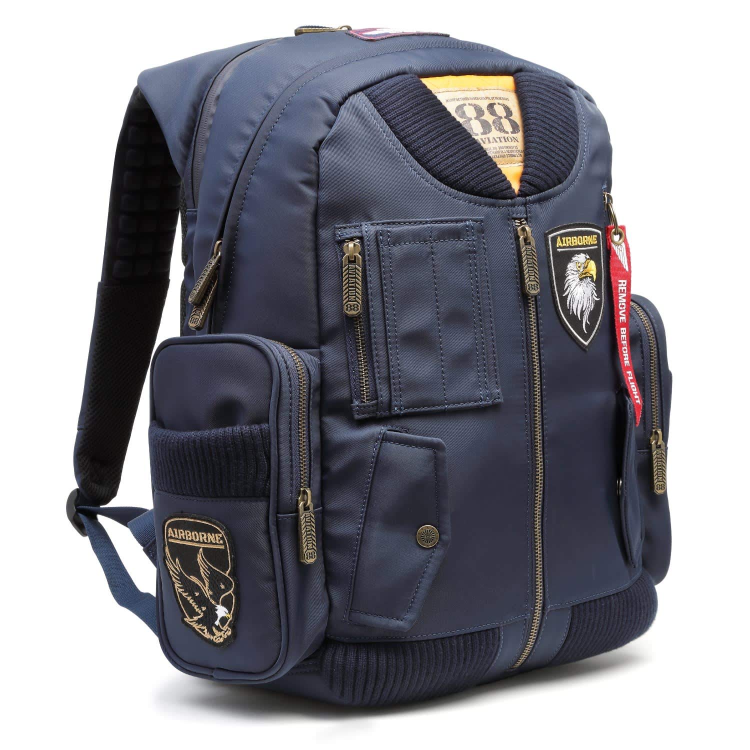 Stylish MA-1 Embroidered Backpack with Multiple Pockets - Navy Airborne Military Design for Travel, Hiking & Daily Commute