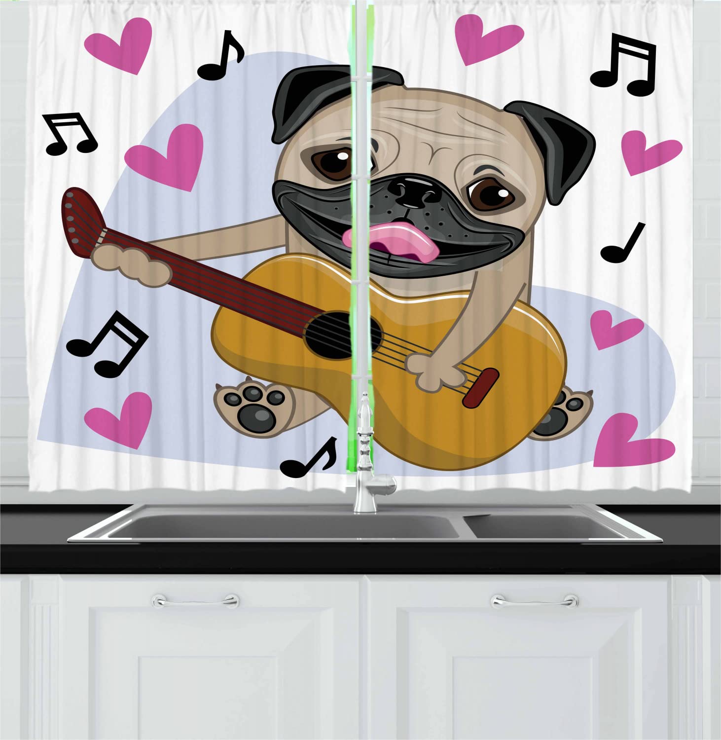 Ambesonne Pug Long Kitchen Curtains - Funny Pug Dog Playing Guitar with Pink Hearts Cartoon Design, 2-Panel Rod Pocket Drapes (55x45 Inch) for Living Room & Bedroom Decor - Pale Brown Pink Black