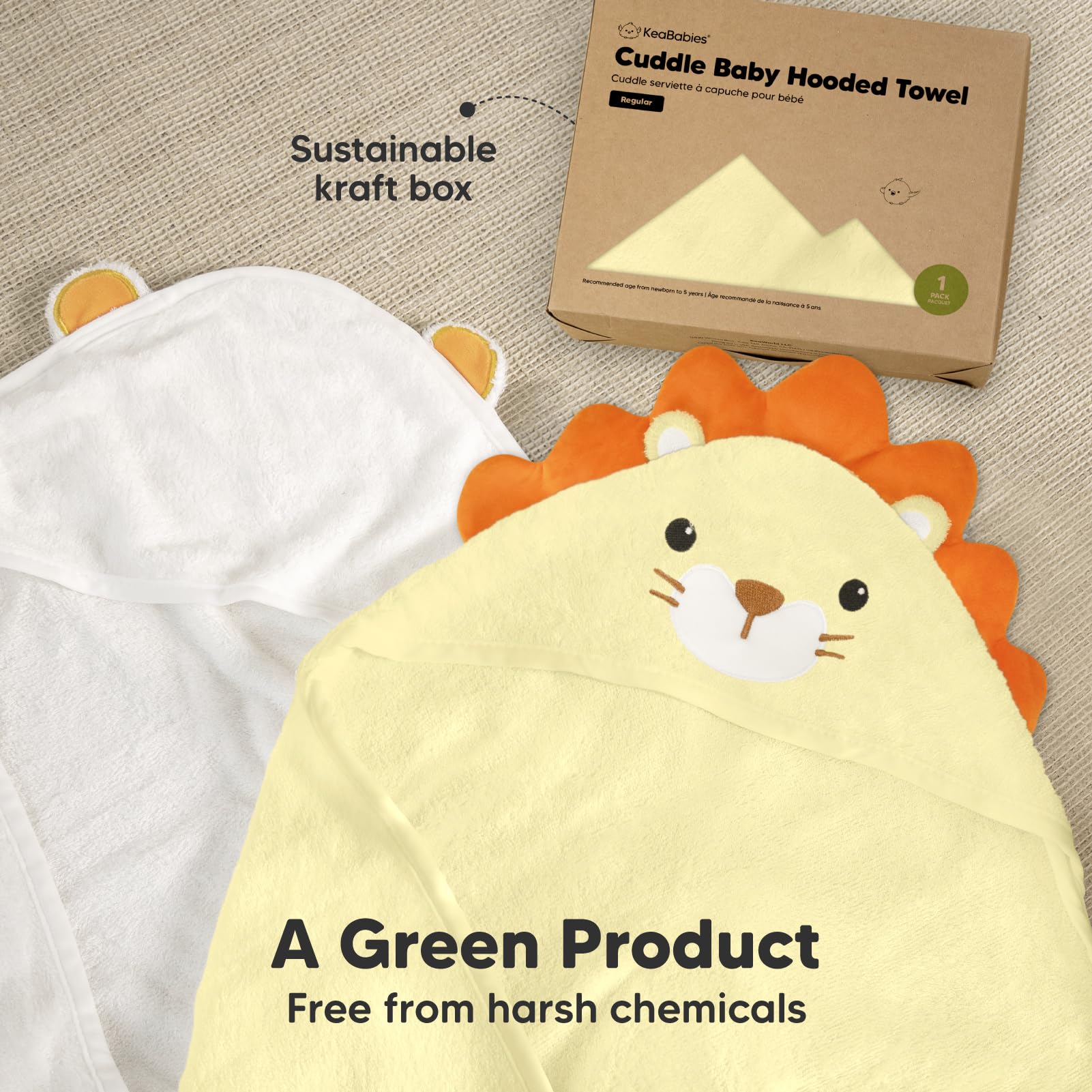 Organic Hooded Baby Towel - 500GSM Large Bamboo Baby Towel Set with Hood for Newborns - Ultra Soft & Absorbent Shower Towel (Lion Design) - Perfect for Bath Time, Swimming & Spa Days