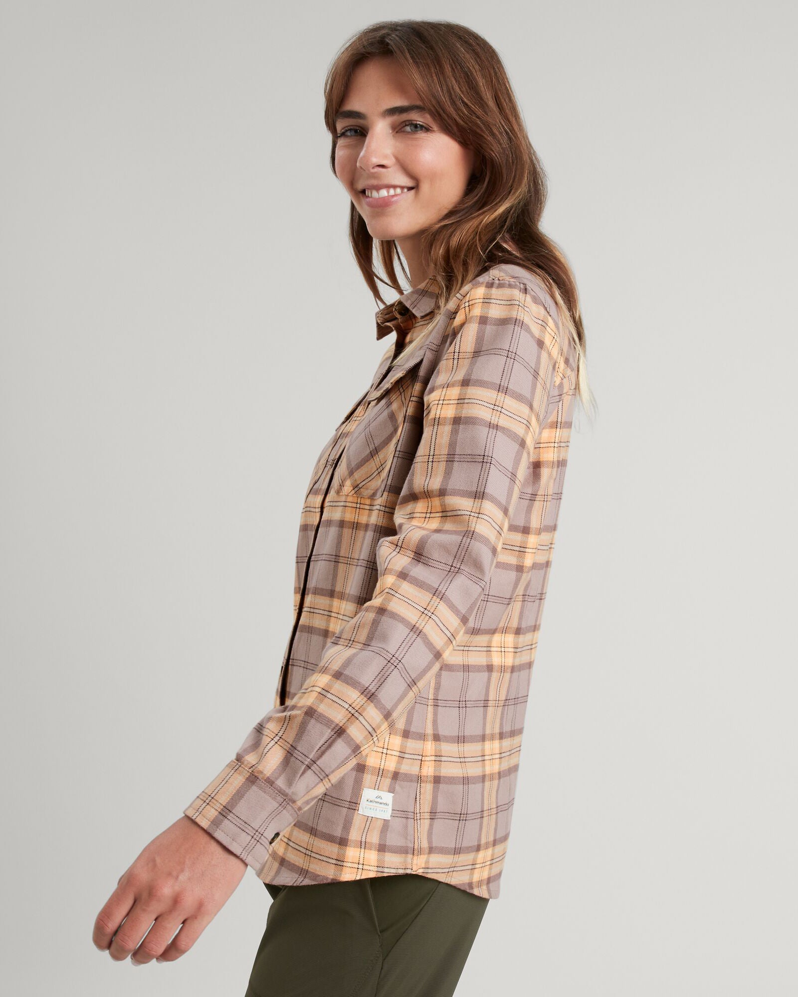 Carrillon Women's HF Long Sleeve Checkered Shirt in Taupe & Lolly - Perfect for Office Wear & Casual Outfits