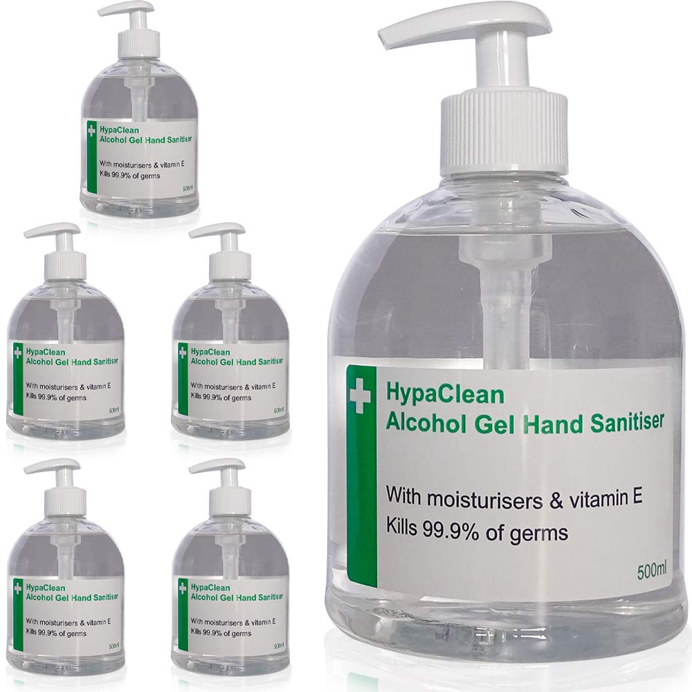 HypaClean Alcohol Hand Sanitizer Gel (500ml, Pack of 6) - 70% Ethanol, Kills 99.9% Germs - Ideal for Home, Office, Travel & First Aid Kits