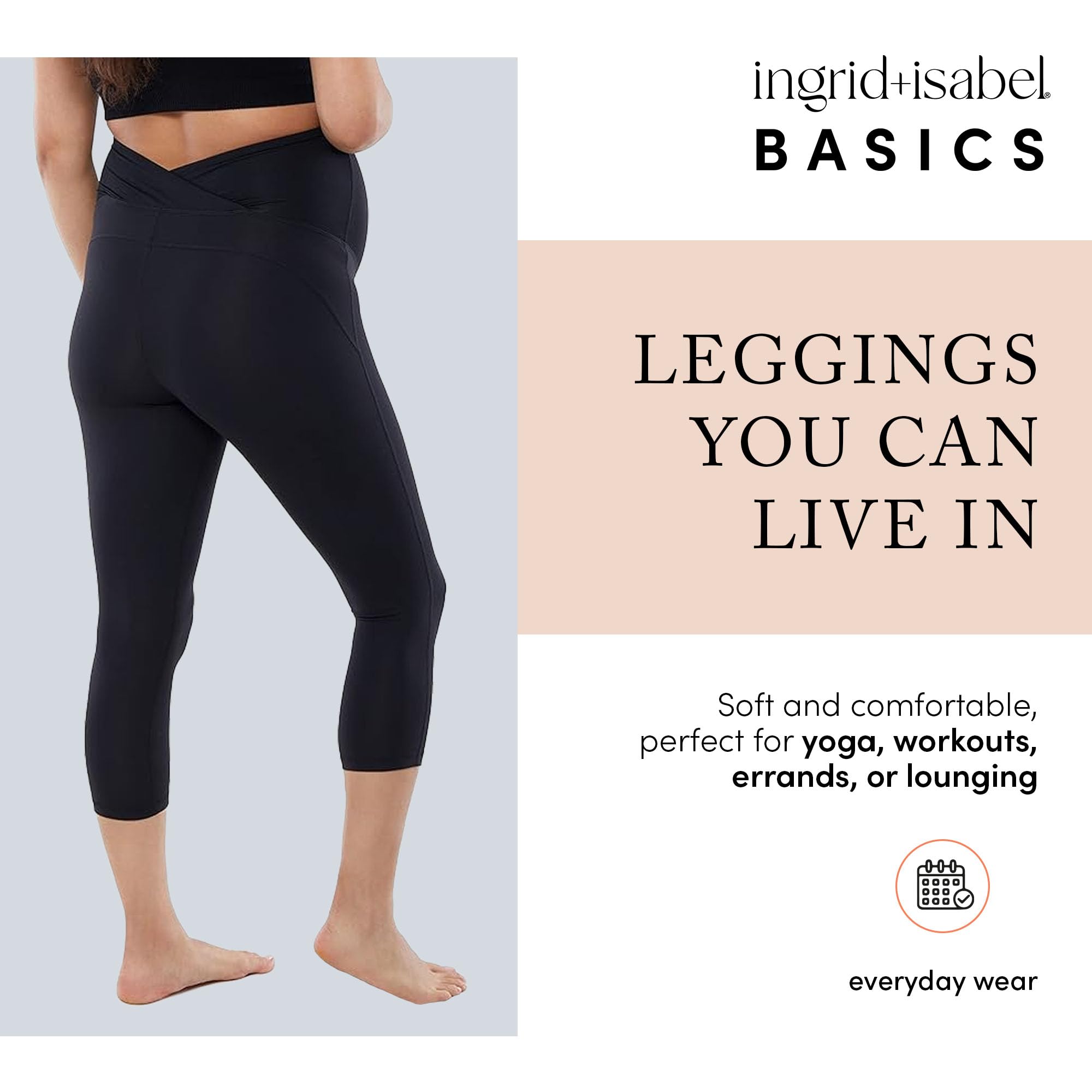 Ingrid & Isabel Basics - Women's Over The Belly Maternity Active Leggings | Pregnancy Workout Yoga Pants for Comfort & Support | Perfect for Prenatal Exercise, Running & Everyday Wear