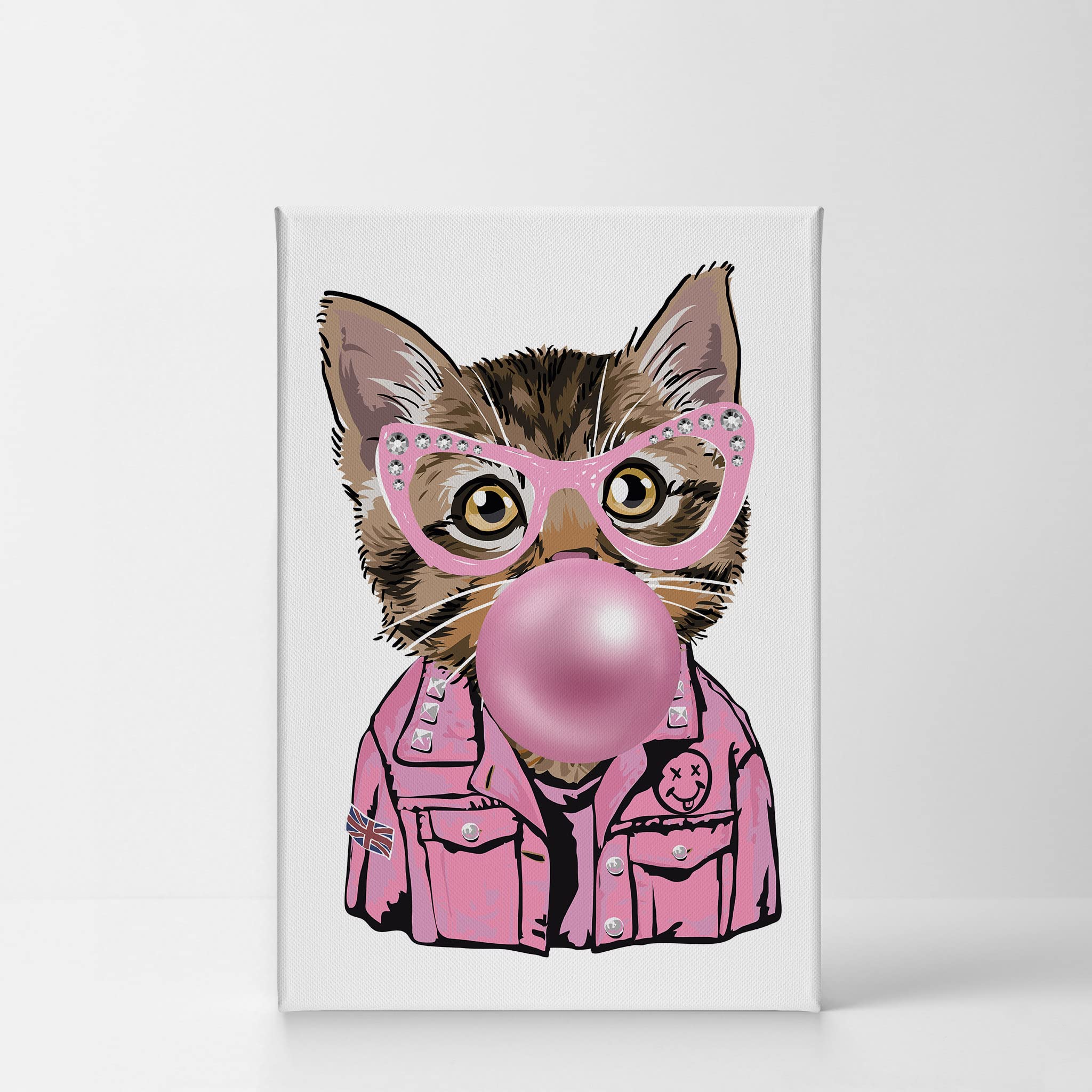 Smile Art Design Cat Portrait in Jacket & Sunglasses Chewing Bubble Gum - Canvas Wall Art Print for Pet Lovers, Pop Art Decor for Living Room, Bedroom, Nursery - Perfect Gift for Cat Owners (22x15 Inches)