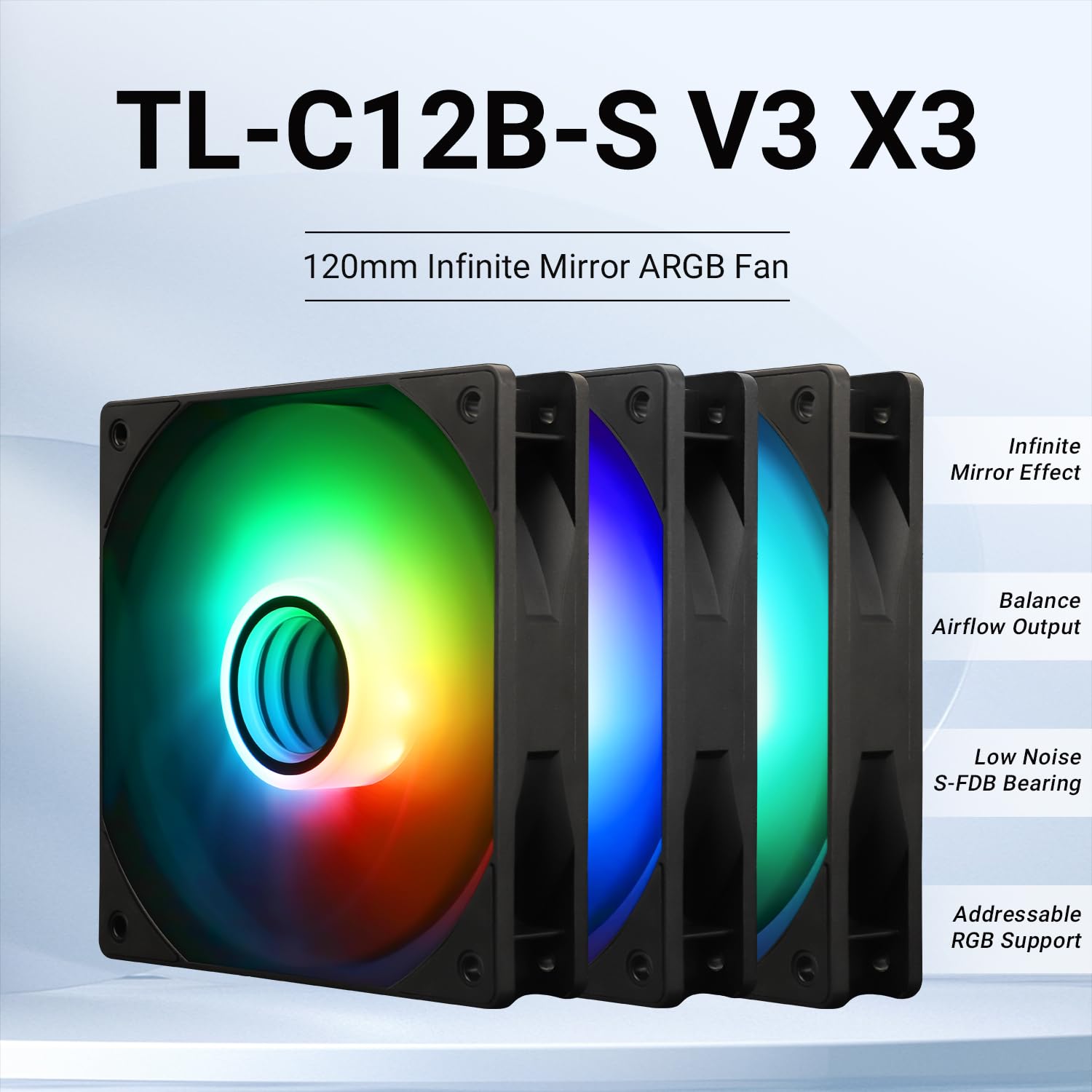 Thermalright TL-C12B-S V3 120mm ARGB PWM CPU Case Fan - 4-Pin Silent Cooling Fan with S-FDB Bearing & Mirror Light Effect (3-Pack) - Perfect for Gaming PC, Workstation, and Desktop Computer Cooling