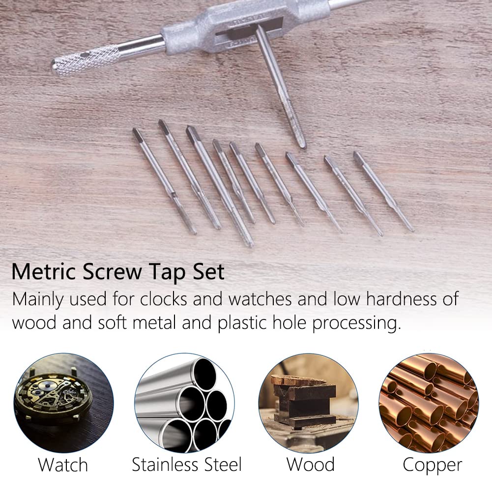 11PCS Mini Screw Tap Set - HSS Metric Thread Machine Taps Kit with Adjustable Wrench | Precision Hand Threading Tools for Watch & Clock Repair, Jewelry Making & DIY Metalworking Projects