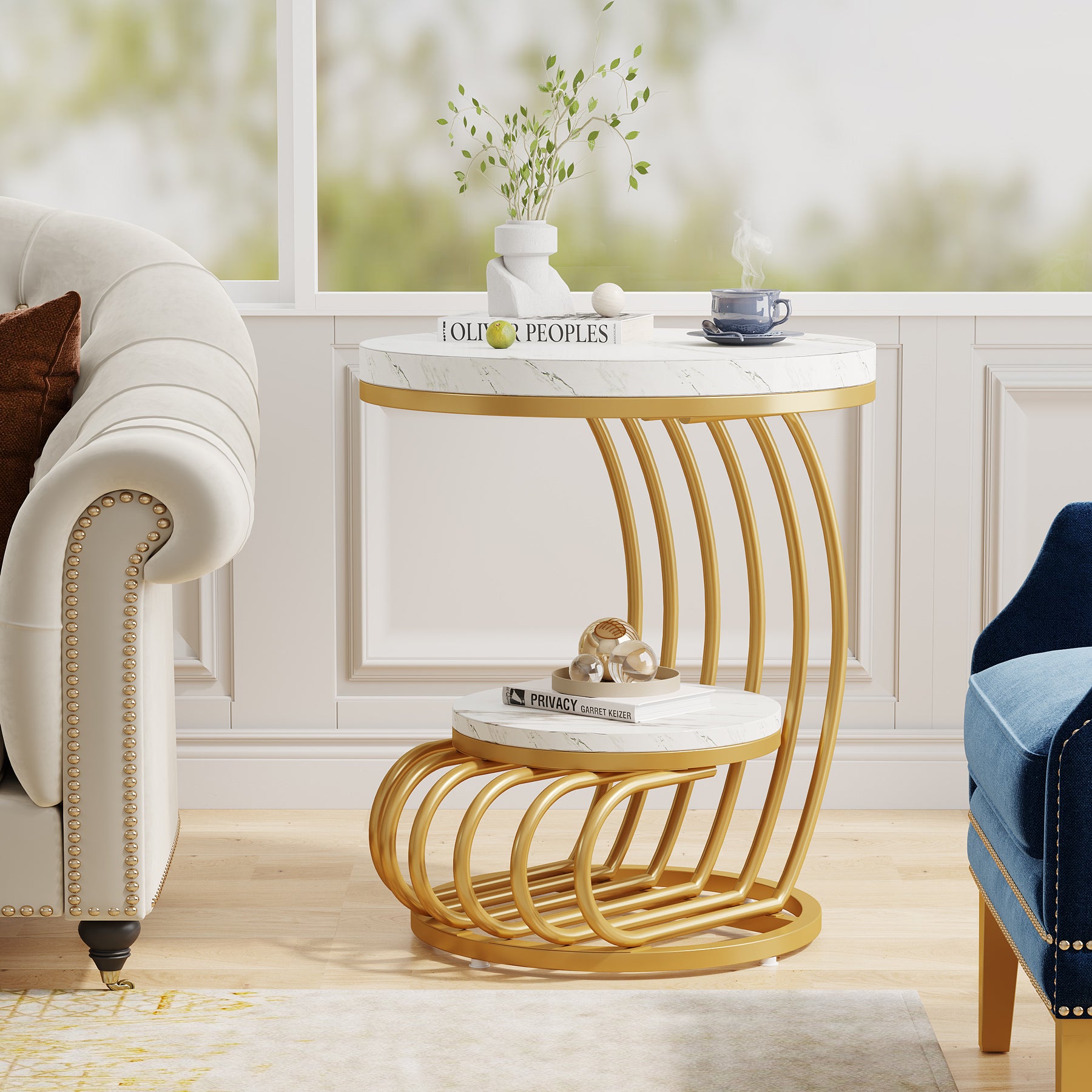 Round End Table with Storage Shelf - 2-Tier Faux Marble Side Table for Living Room, Bedroom & Office - Modern Accent Table with Sturdy Metal Frame for Home Decor