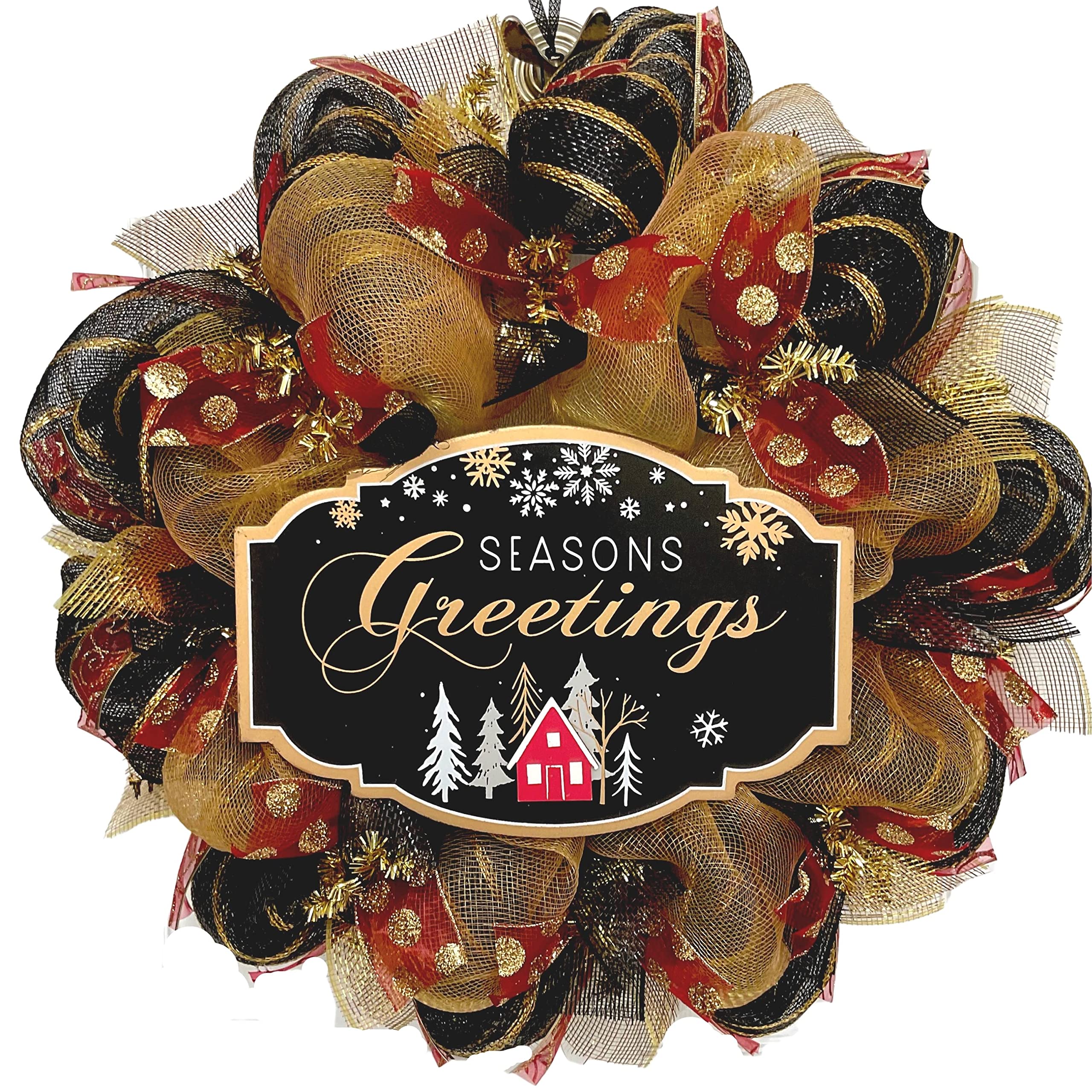 Handmade Black and Gold Deco Mesh Wreath for Christmas Decorations - Perfect for Front Door, Holiday Parties & Festive Home Decor