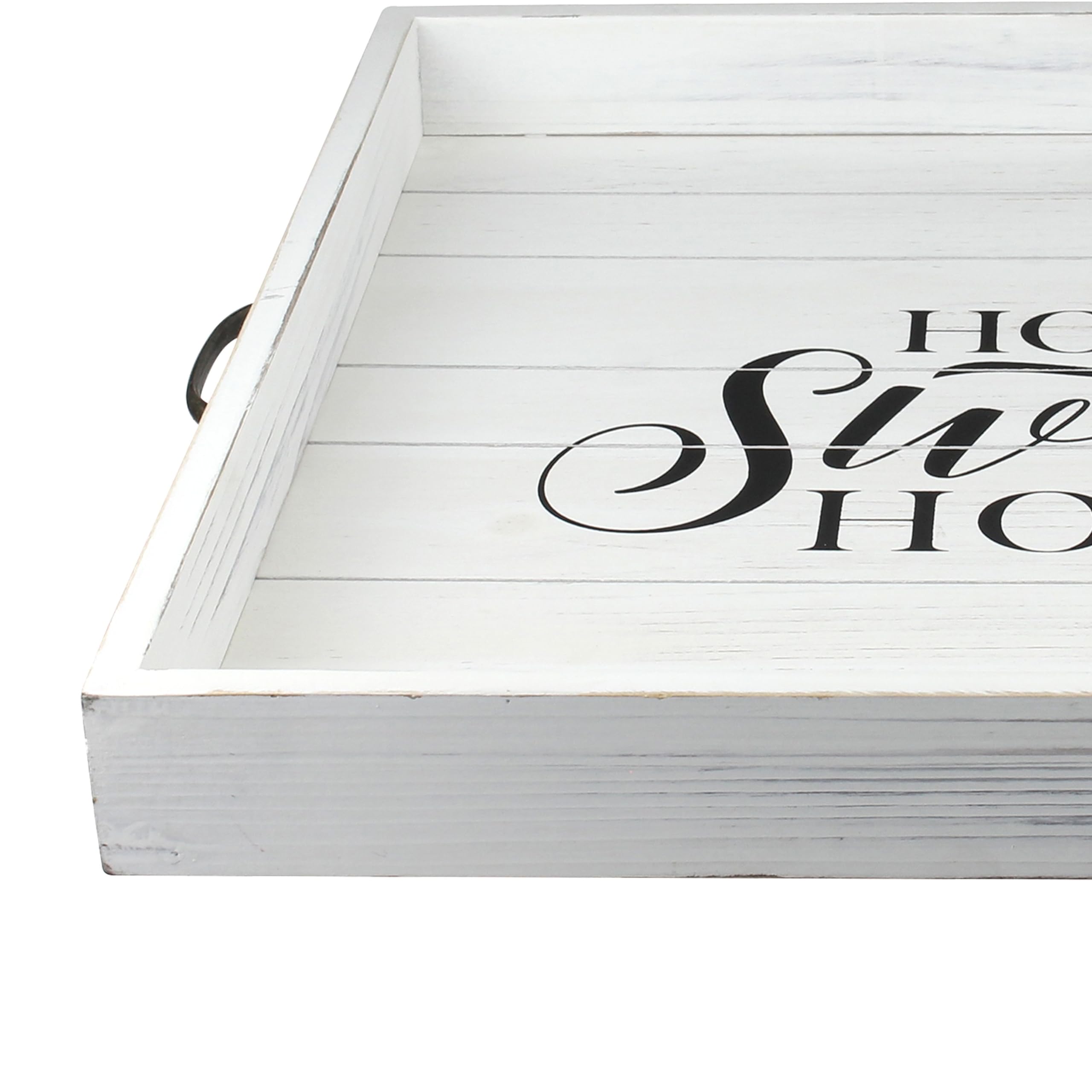 Stonebriar Square Worn White 'Home Sweet Home' Decorative Wooden Tray with Metal Handles - Perfect for Farmhouse Decor, Coffee Table Centerpiece & Rustic Home Organization