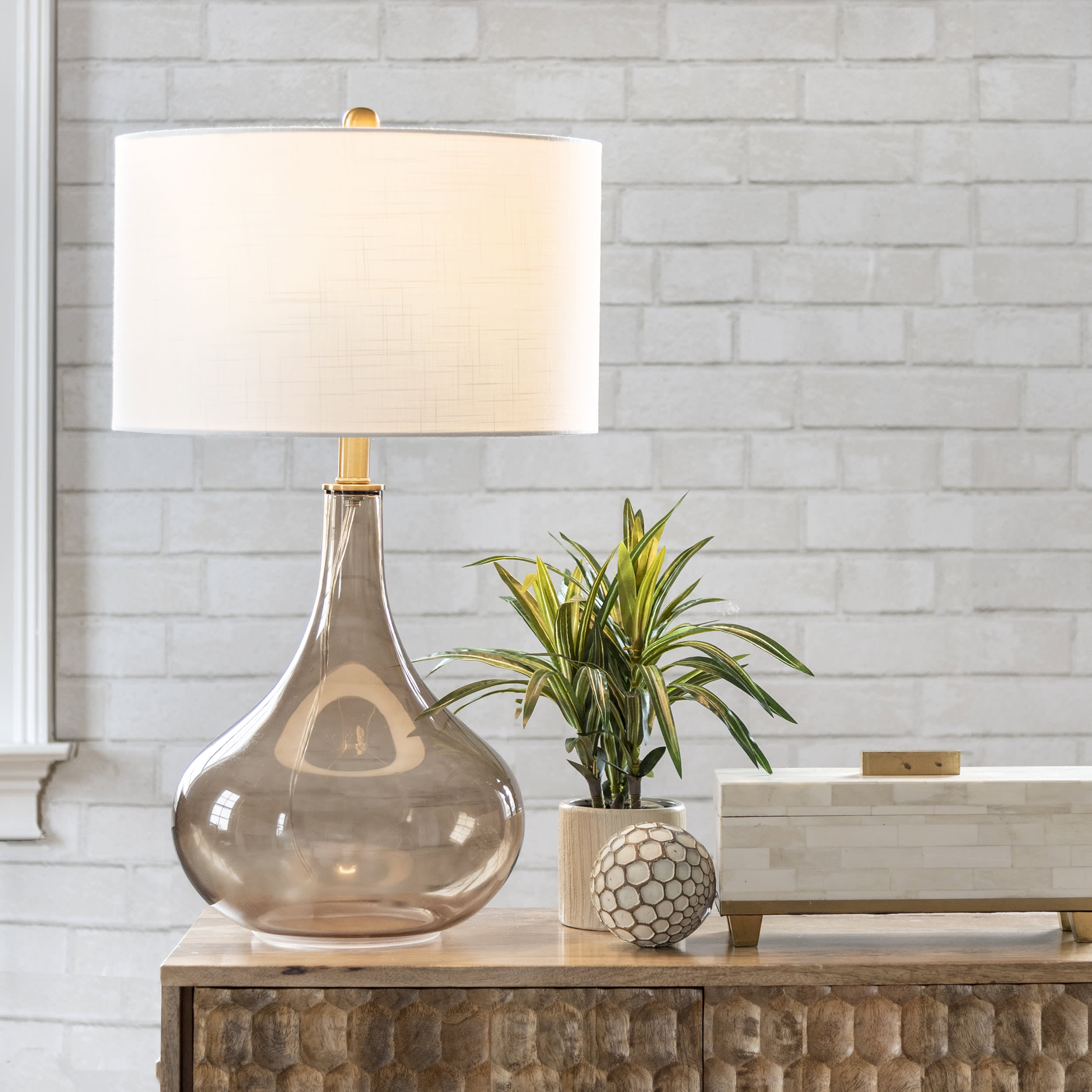 26 Inch Glazed Glass Gourd Table Lamp - Amber Finish Modern Home Decor for Living Room, Bedroom, or Office Lighting