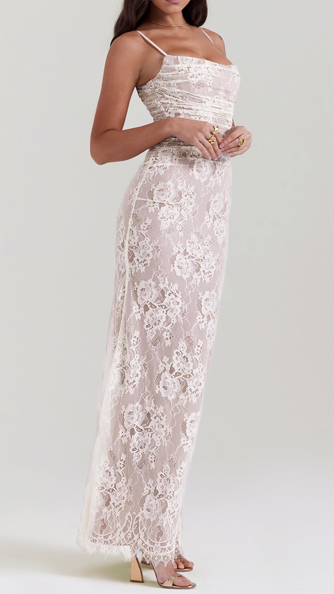 Vintage Cream Lace Maxi Dress for Women - Romantic Long Sleeve Bodycon Dress with Elegant Lace Details | Perfect for Weddings, Parties & Special Occasions
