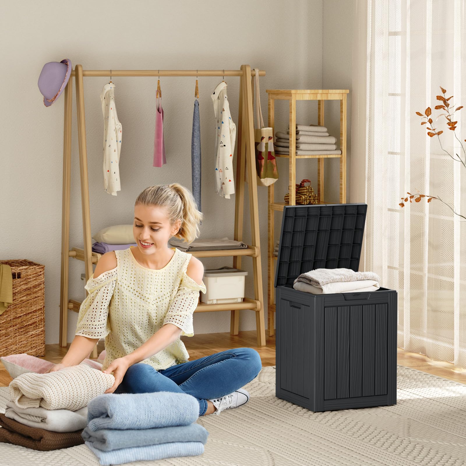 28 Gallon Resin Deck Box with Lock - Waterproof & UV Resistant Outdoor Storage Container for Patio Furniture, Garden Tools, Package Deliveries - Black - Perfect for Backyard, Deck, and Garage Organization