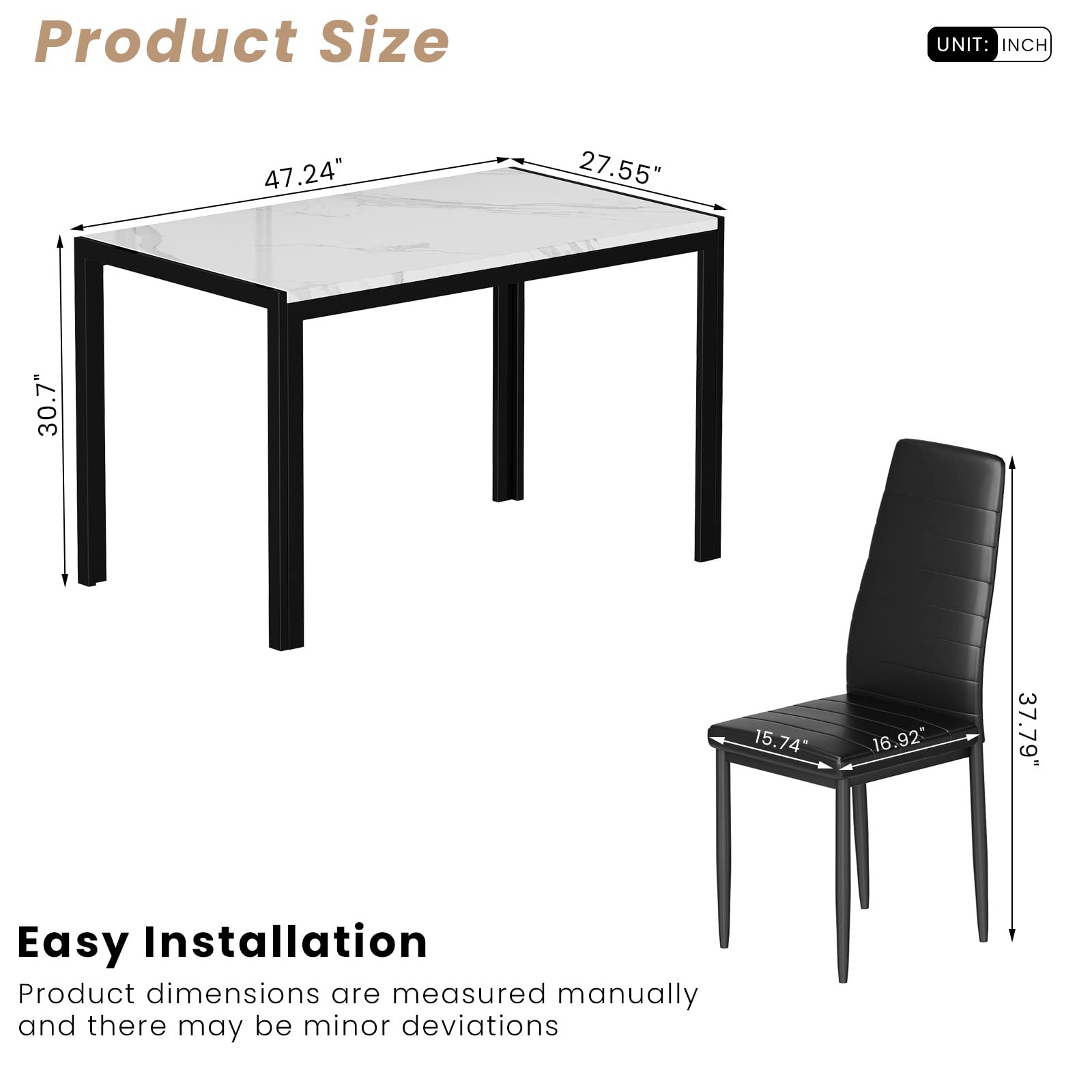 5-Piece Dining Table Set for 4 with Faux Marble Top & 4 PU Leather Chairs - Modern Kitchen & Dining Room Furniture for Small Spaces, Family Meals & Entertaining Guests