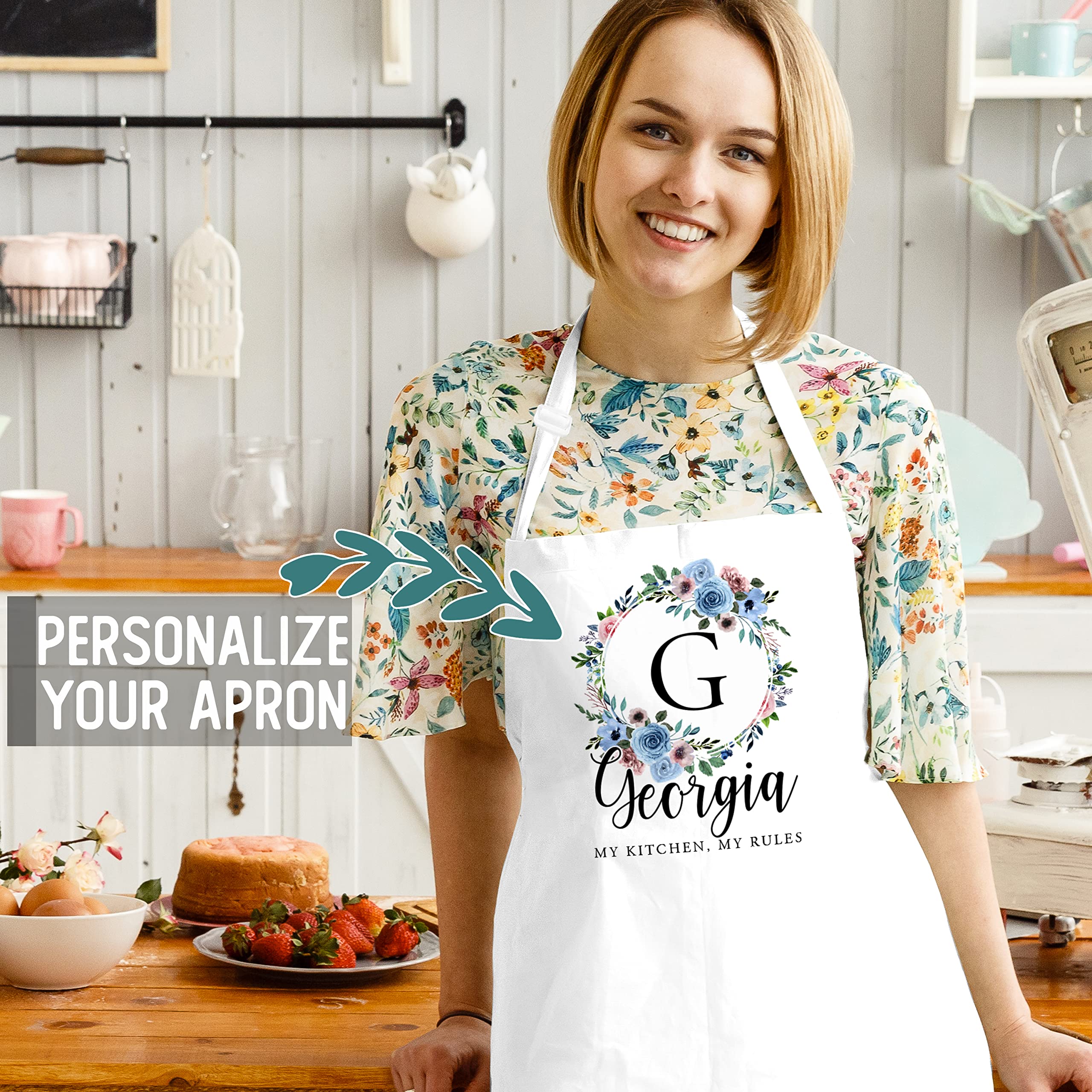 Personalized Floral Initial Kitchen Apron with Pockets - Custom Chef Cooking Apron for Women, Baking, BBQ, Grilling - Funny & Unique Gift Idea for Mom, Wife, Bakers - Perfect for Home Cooking, Outdoor BBQ, and Kitchen Decor